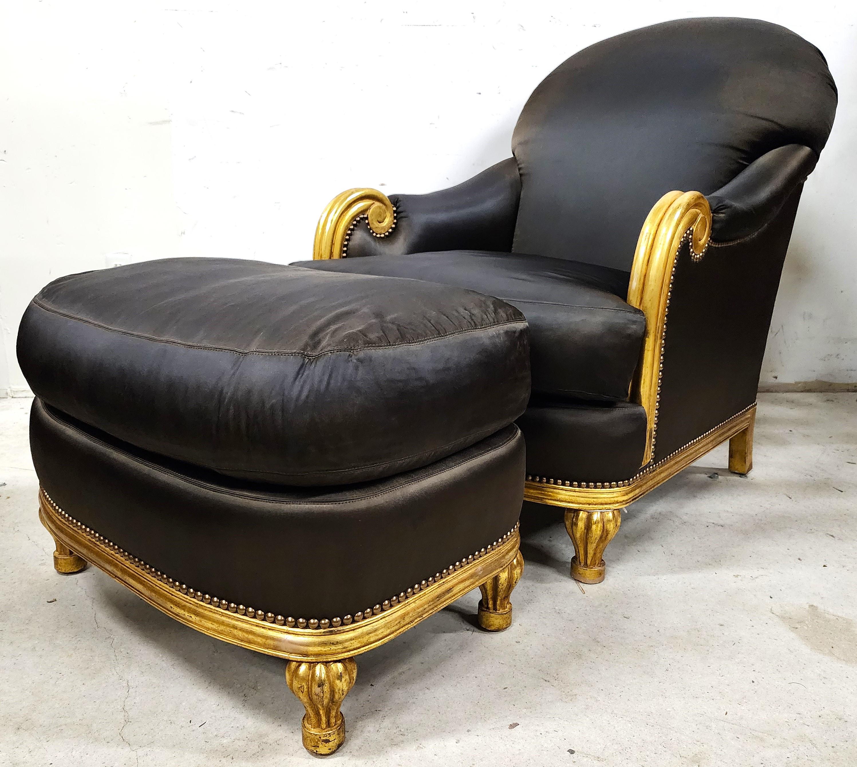 For FULL item description click on CONTINUE READING at the bottom of this page.

Offering One Of Our Recent Palm Beach Estate Fine Furniture Acquisitions Of A
Very High-End Magnificent Art Deco Gold Leaf Gilt Finish Club Chair & Ottoman
Very