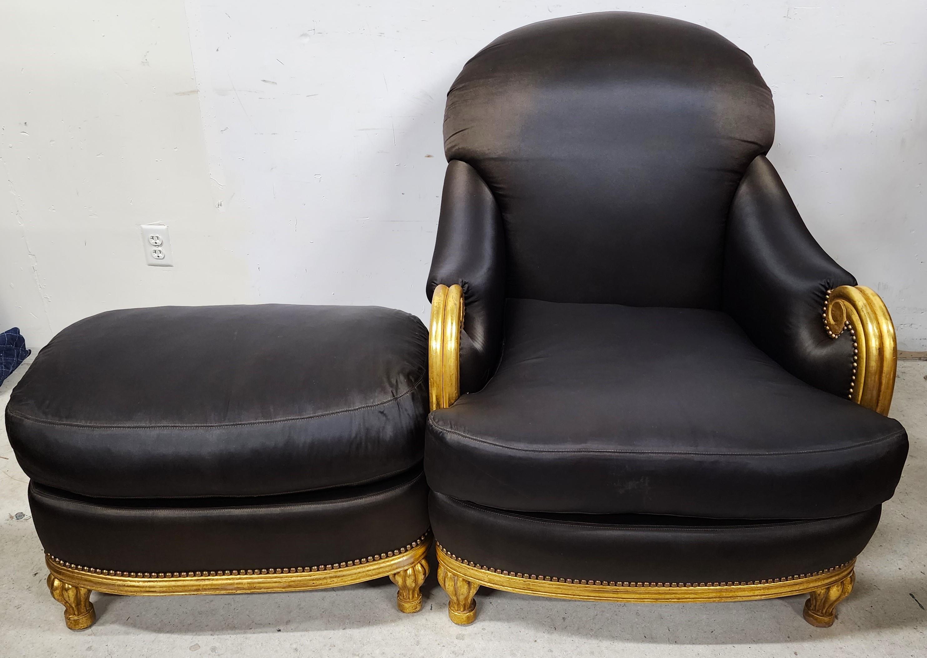 Art Deco Club Chair & Ottoman Gold Leaf Gilt Finish For Sale