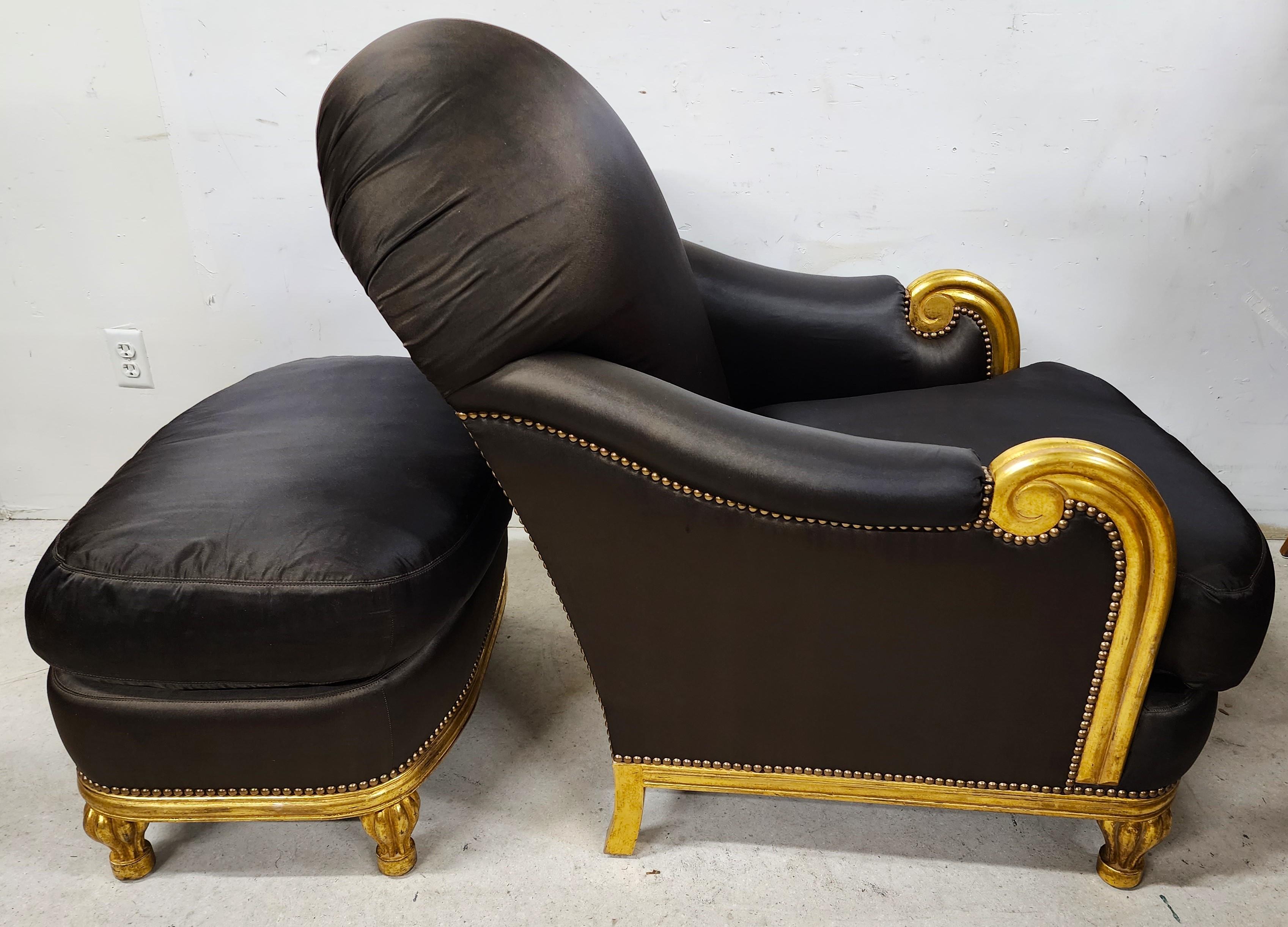 Giltwood Club Chair & Ottoman Gold Leaf Gilt Finish For Sale
