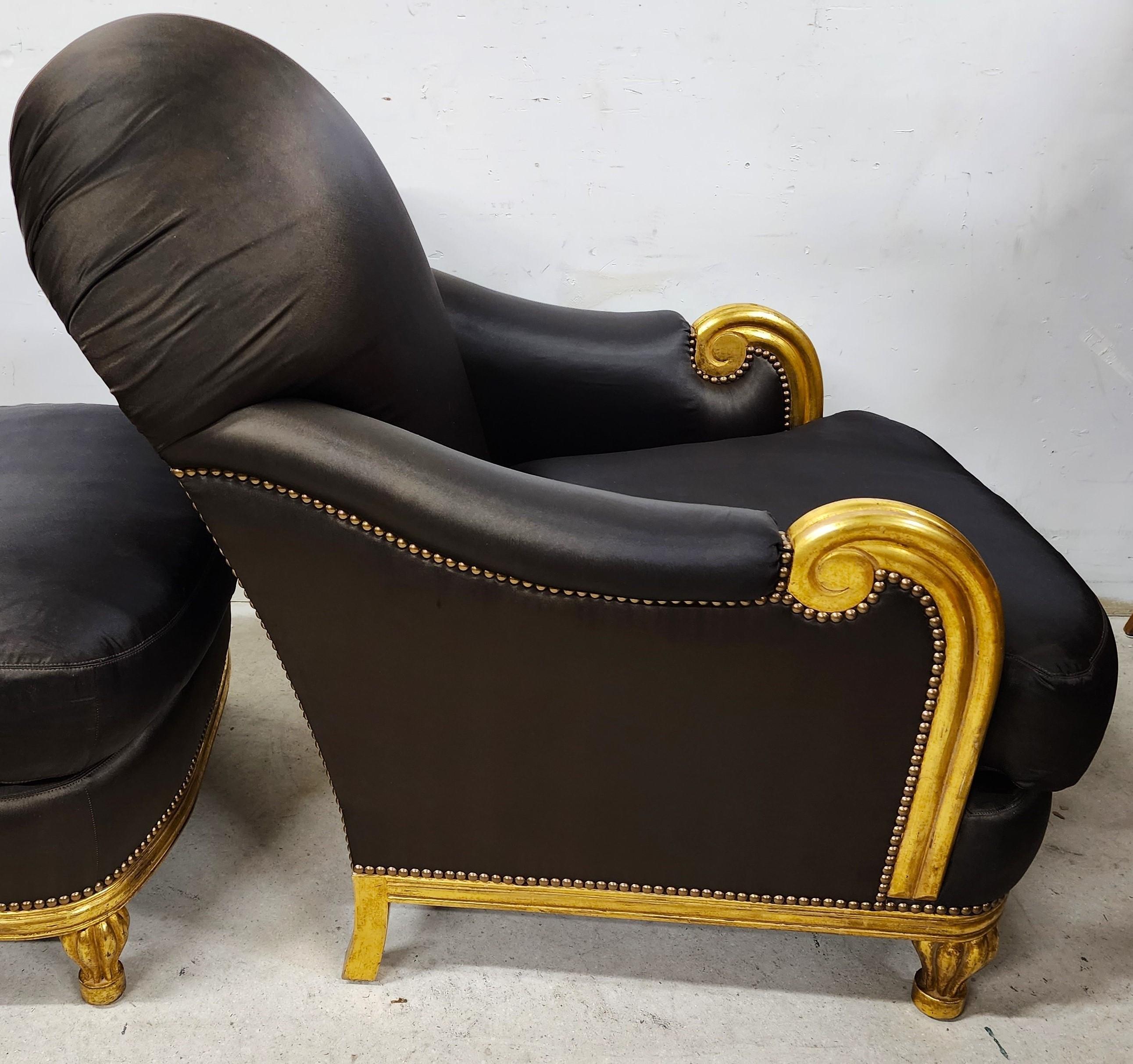 Club Chair & Ottoman Gold Leaf Gilt Finish For Sale 1