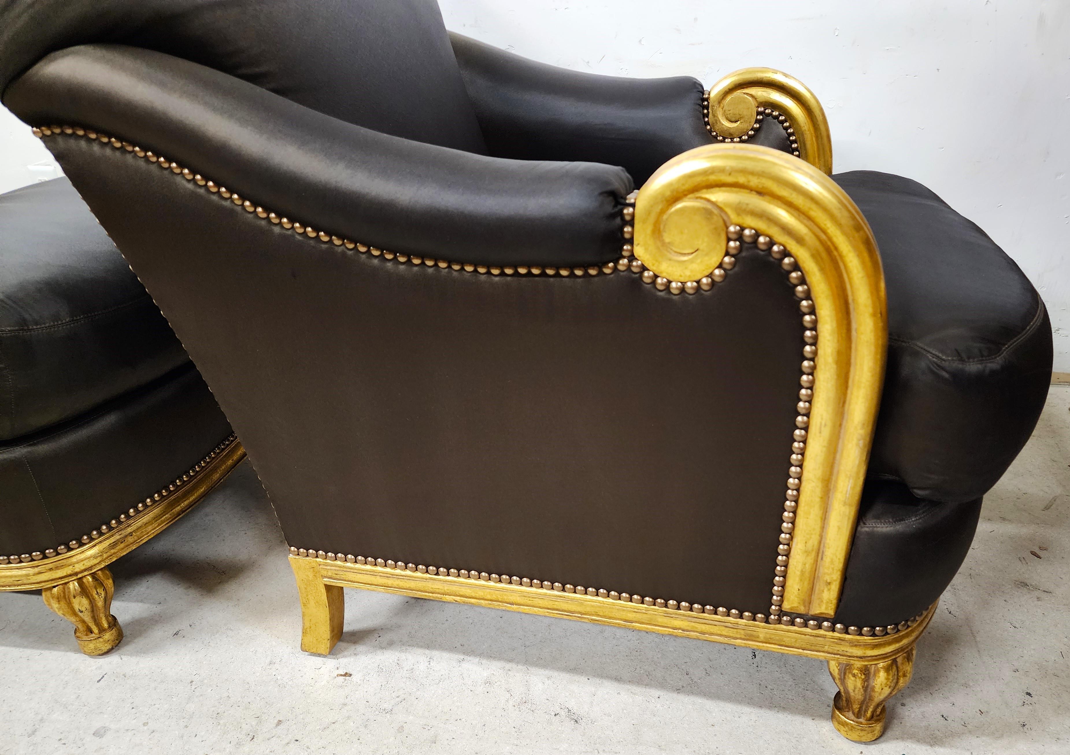 Club Chair & Ottoman Gold Leaf Gilt Finish For Sale 2