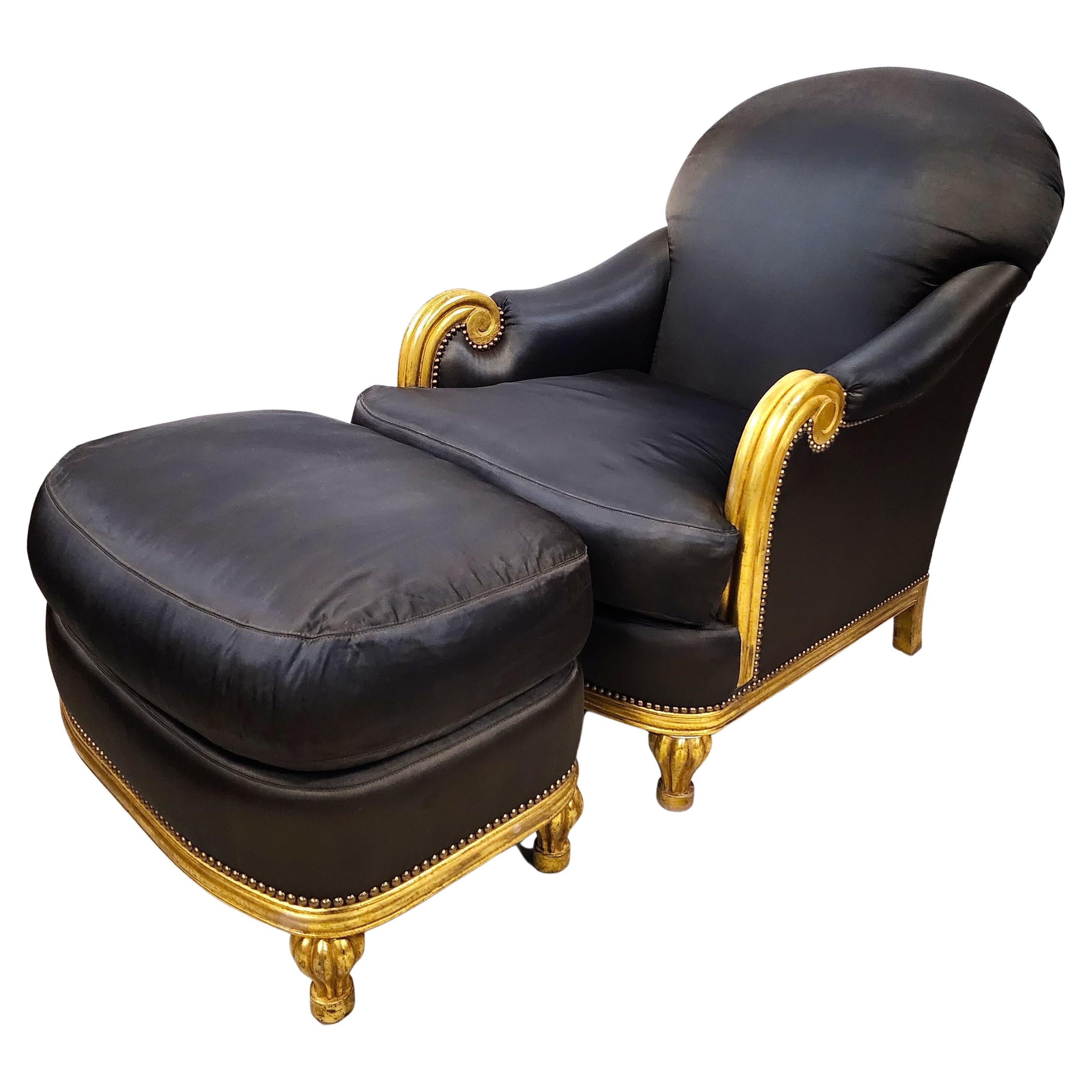 Club Chair & Ottoman Gold Leaf Gilt Finish For Sale