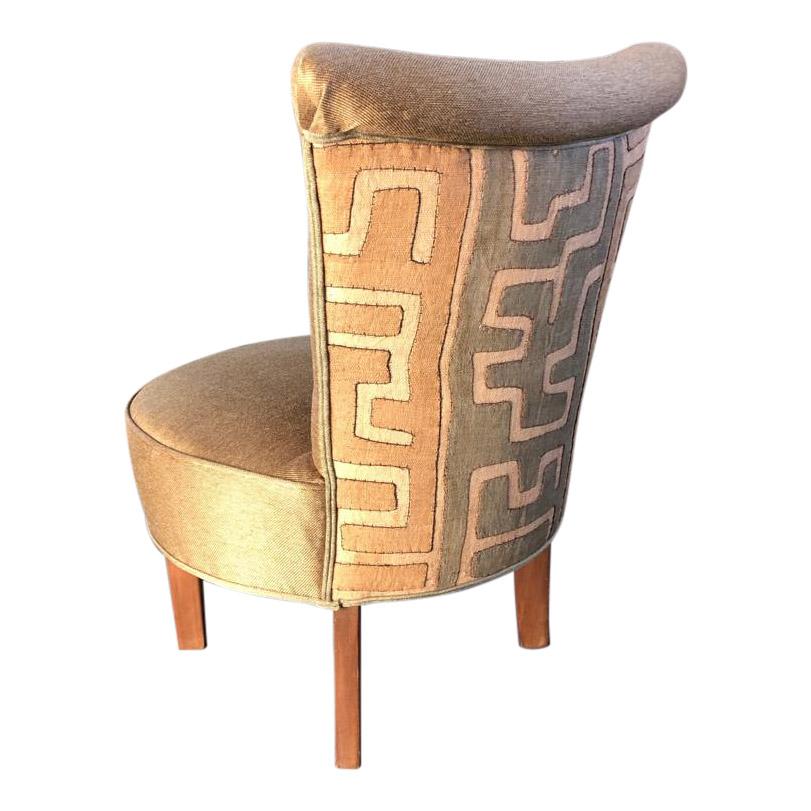 Mid-Century Modern Club Chair with Gold Coloured Fabric Pierre Frey and Antique Kuba Cloth, 1950 For Sale