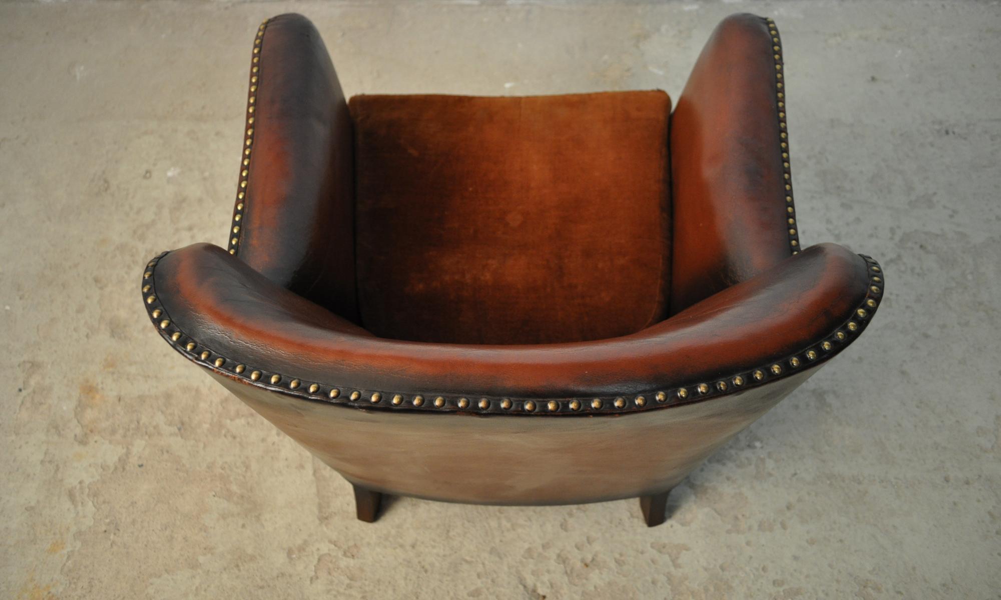 Brass Club Chair with Original Leather from 1920s