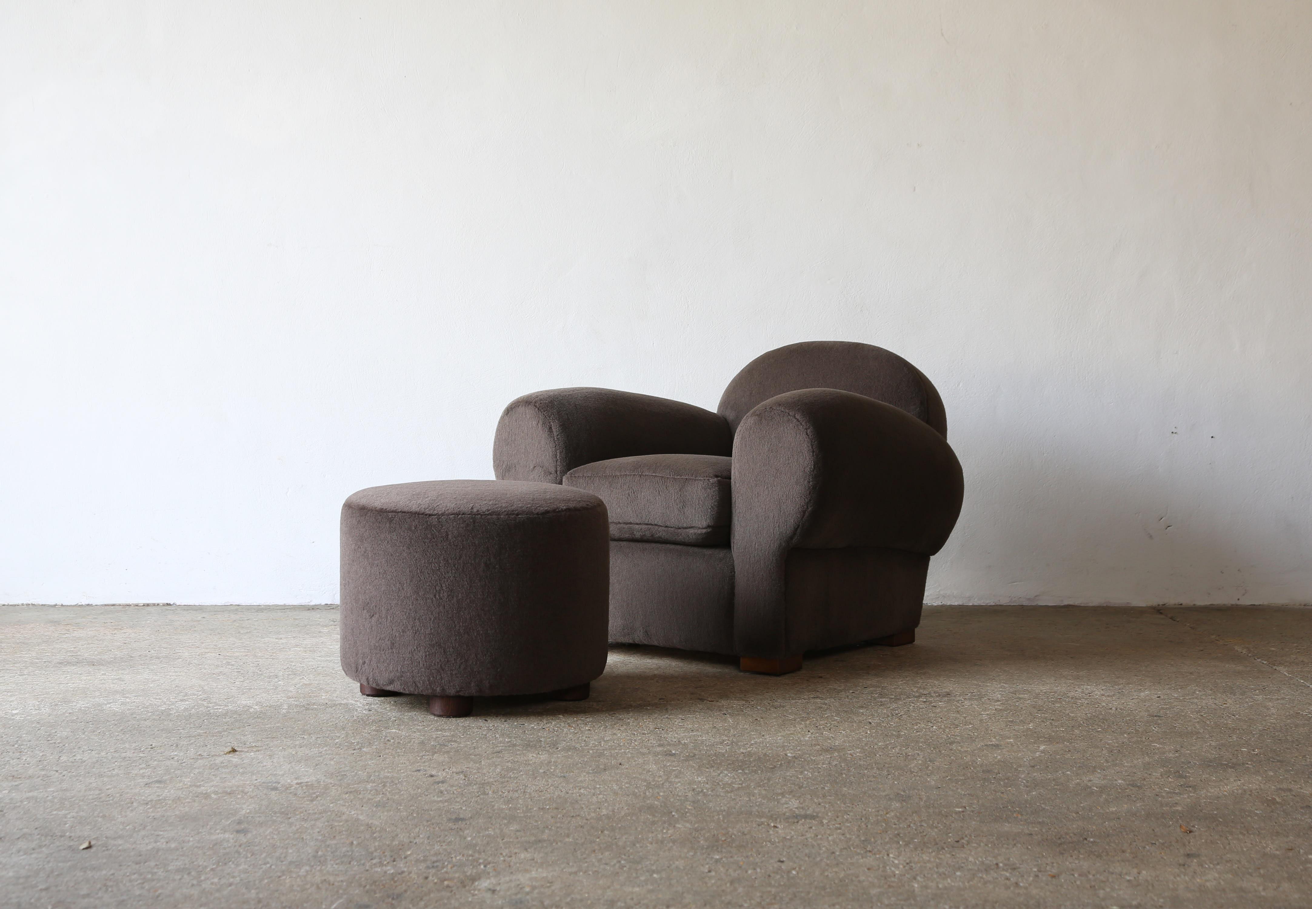 Art Deco Club Chair with Ottoman, Upholstered in Pure Alpaca For Sale