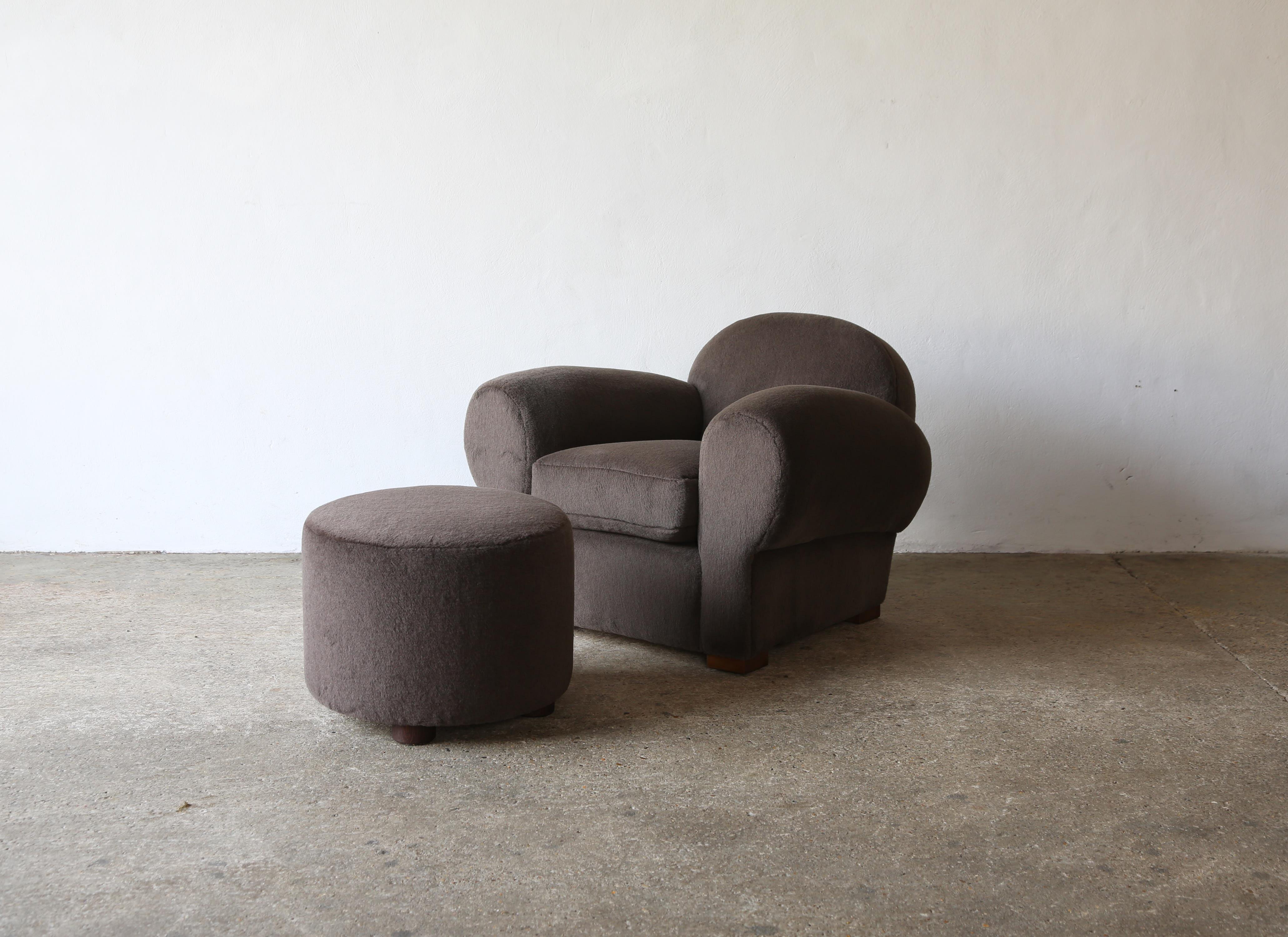 British Club Chair with Ottoman, Upholstered in Pure Alpaca For Sale
