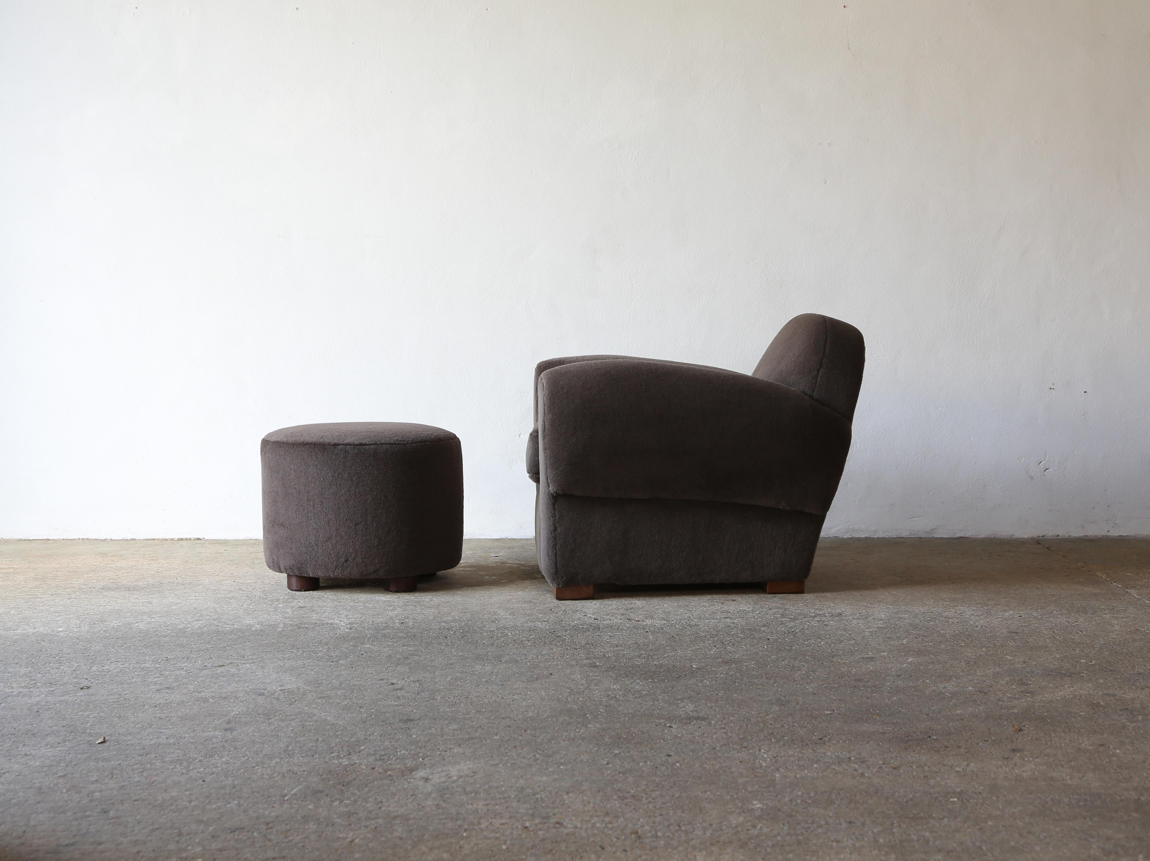 Club Chair with Ottoman, Upholstered in Pure Alpaca For Sale 1