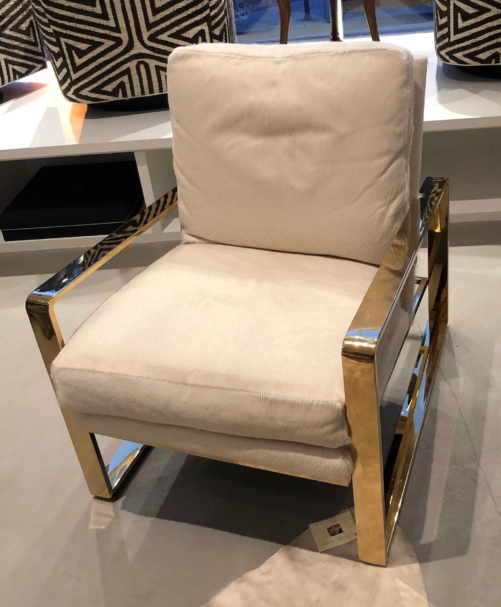 Contemporary Club Chair with White Cowhide and Brass Frame