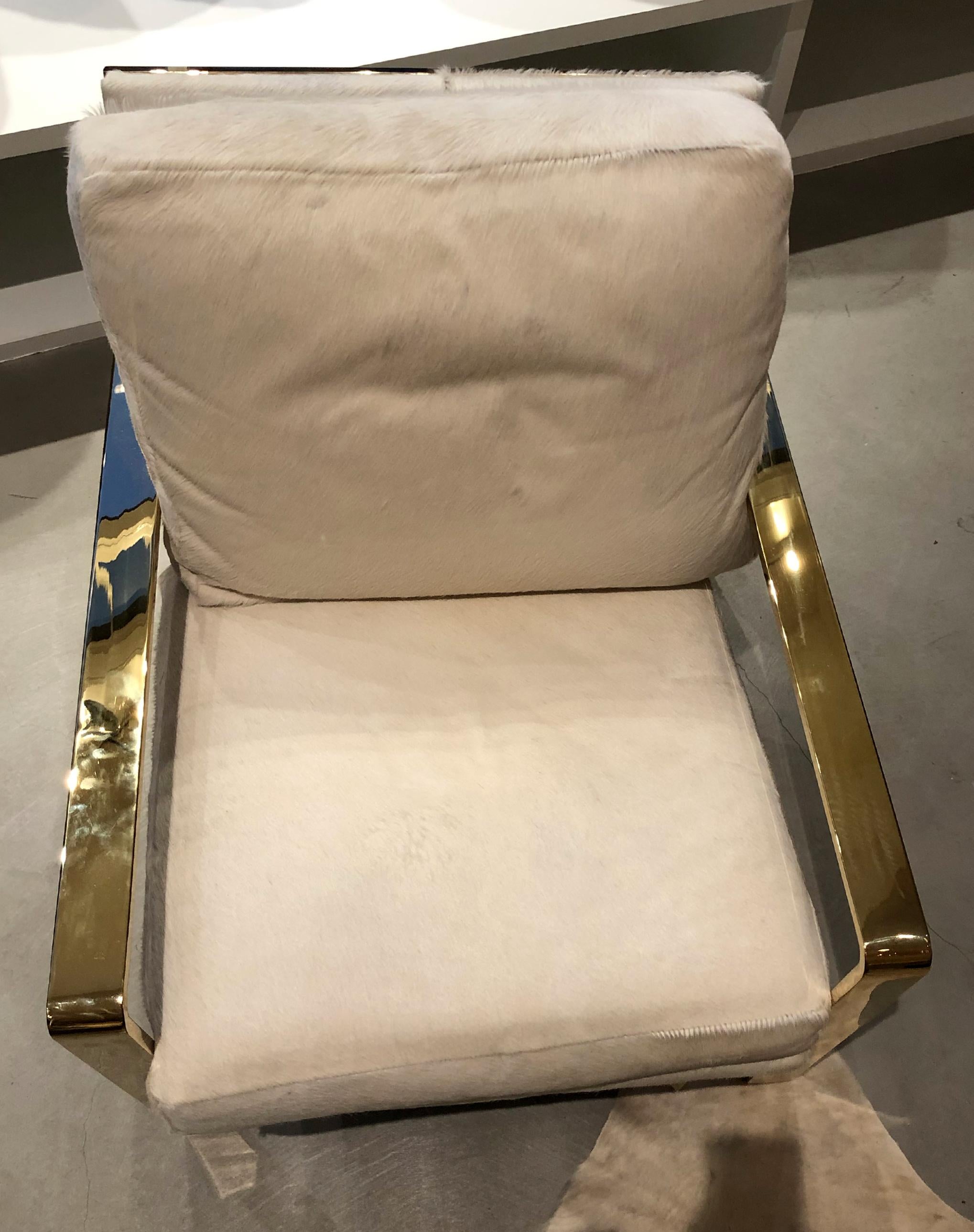 Club Chair with White Cowhide and Brass Frame 1