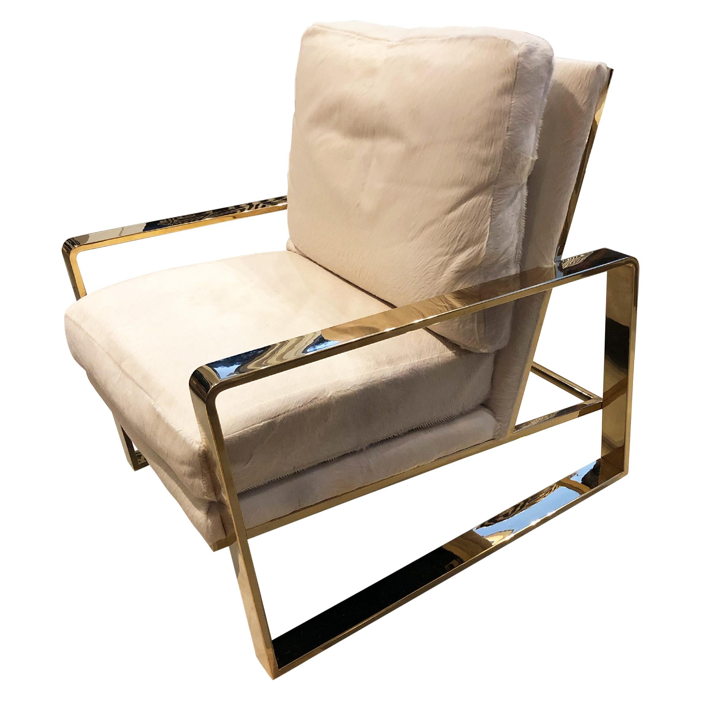 Club Chair with White Cowhide and Brass Frame