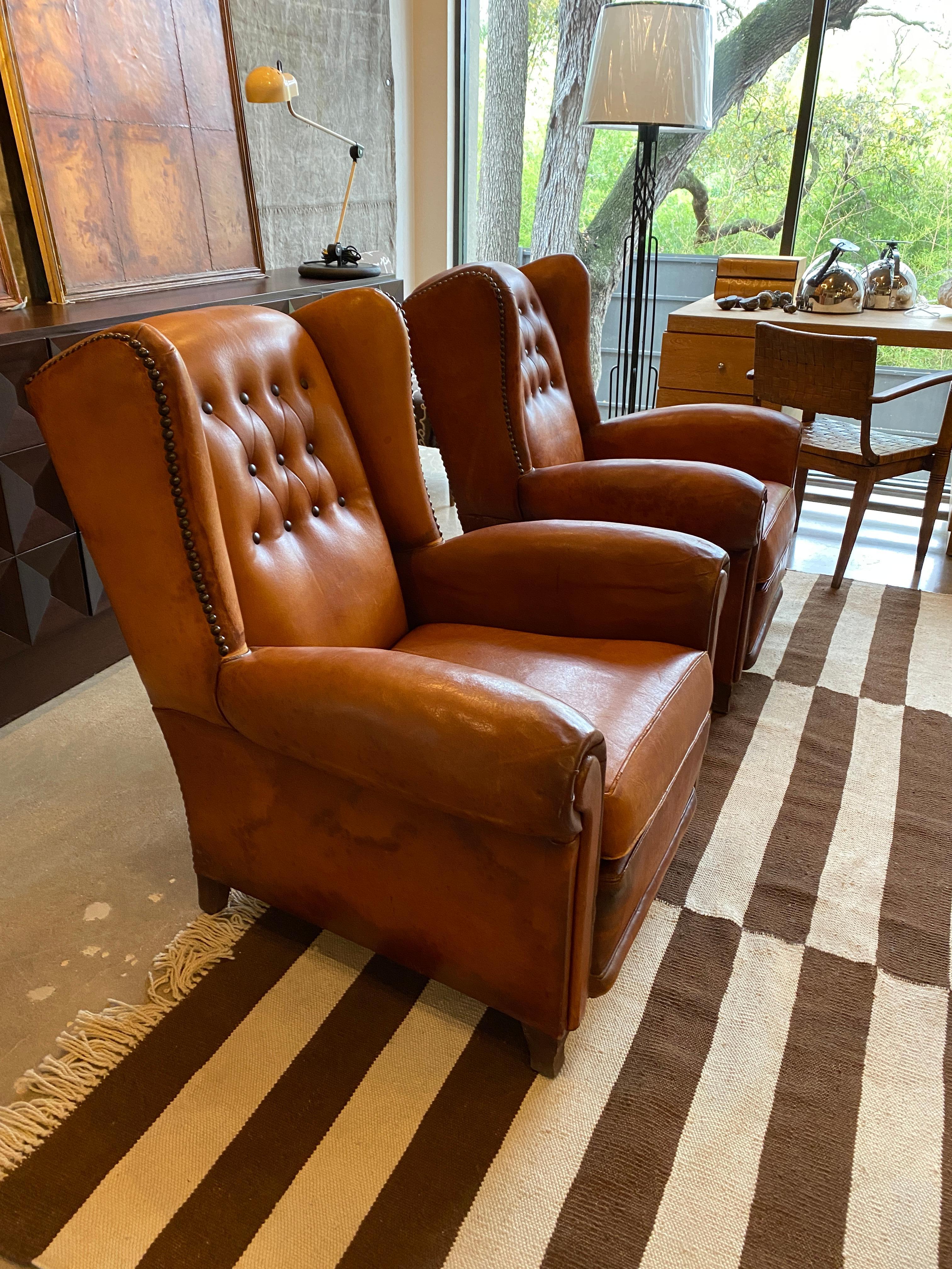 French Club Chairs in Cognac Leather, France, 1930s