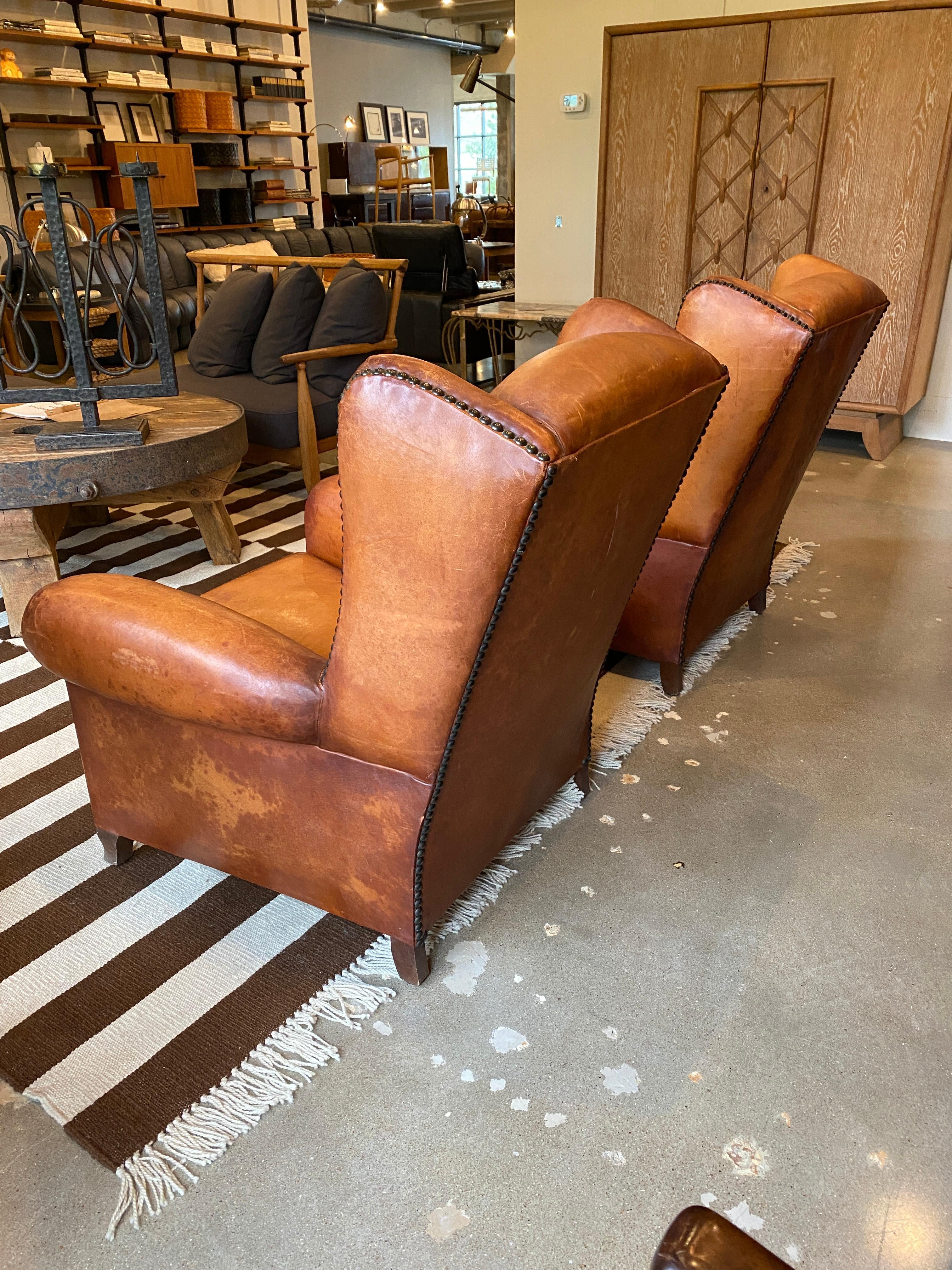 Club Chairs in Cognac Leather, France, 1930s In Good Condition In Austin, TX