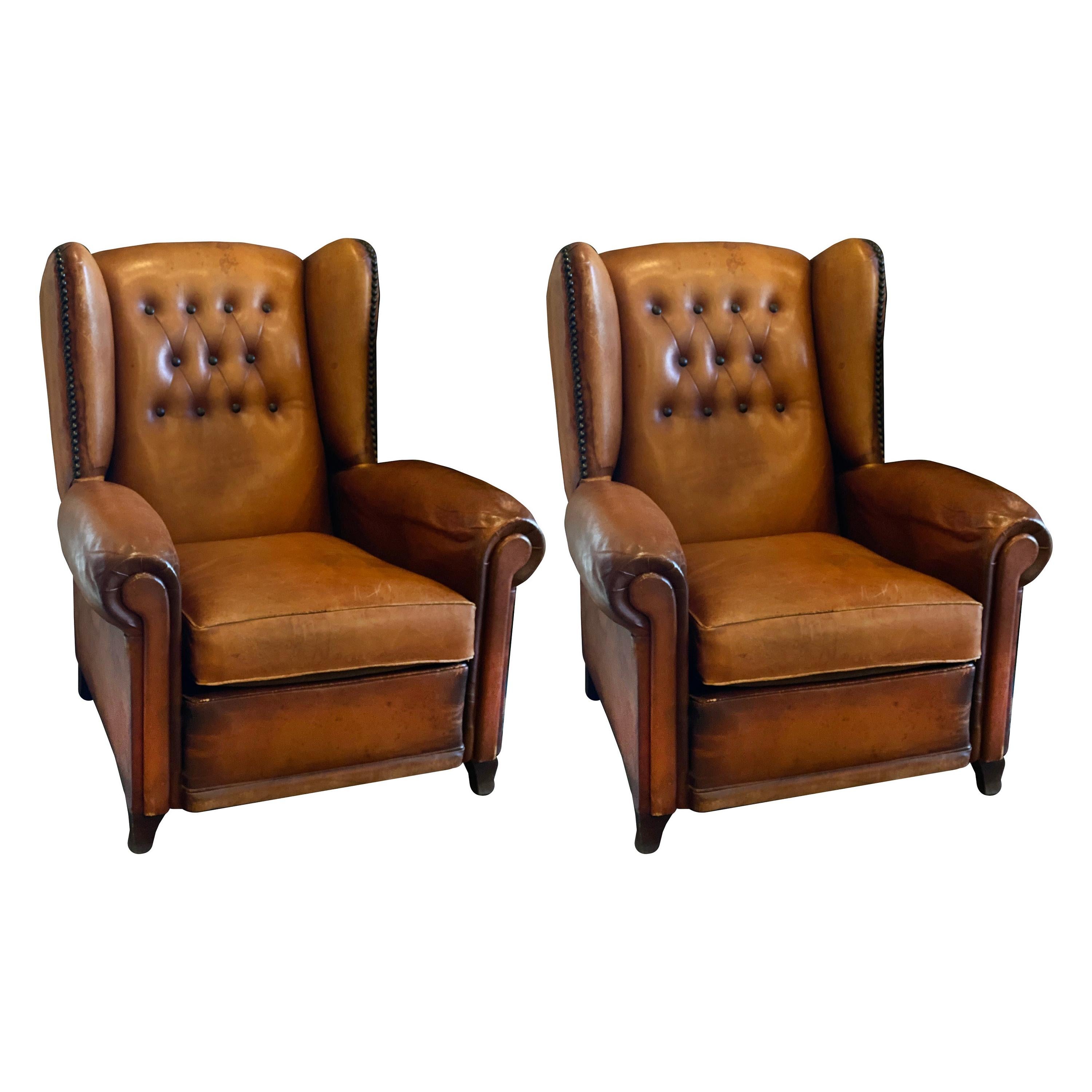 Club Chairs in Cognac Leather, France, 1930s