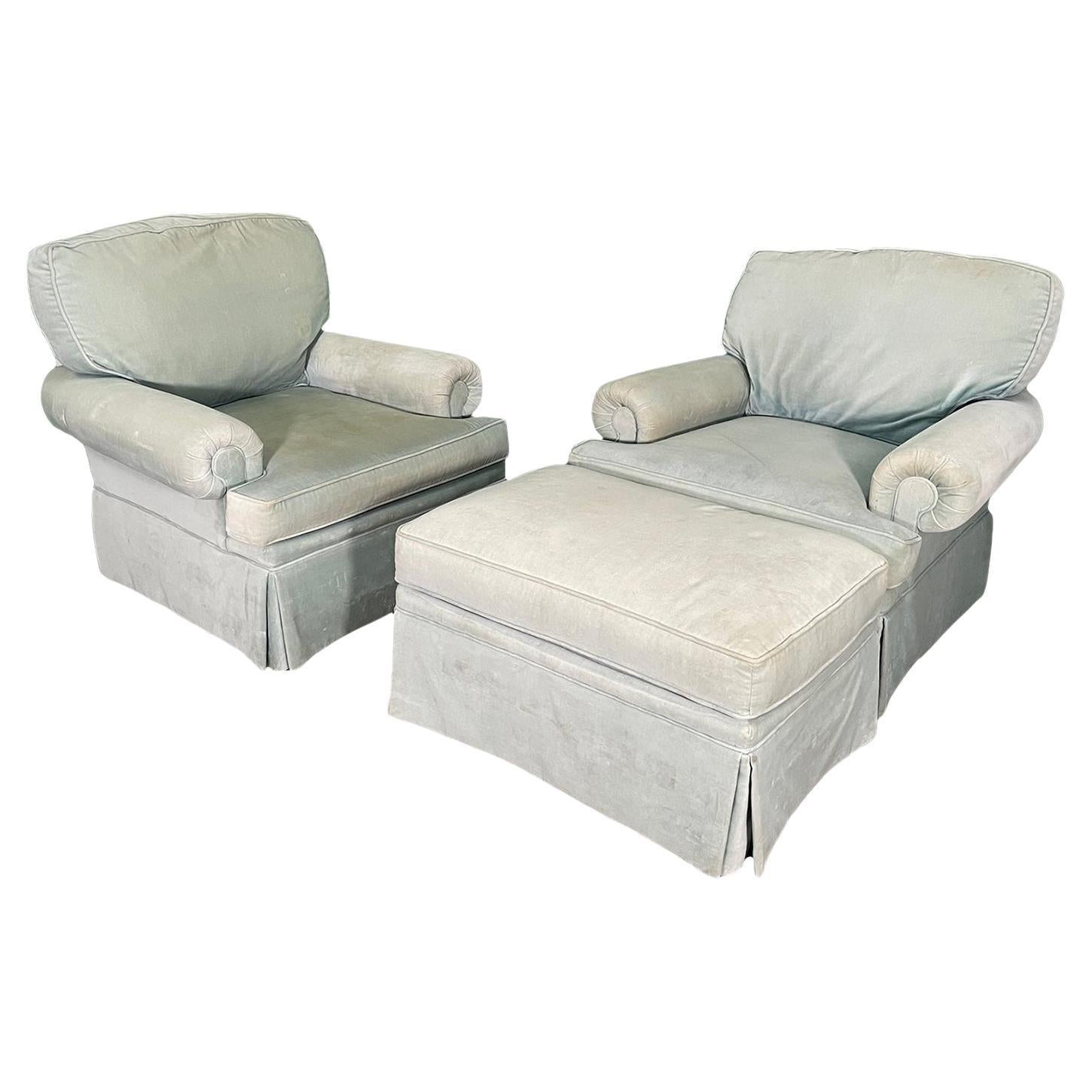Club Chairs in Light Blue Velvet With Ottoman
