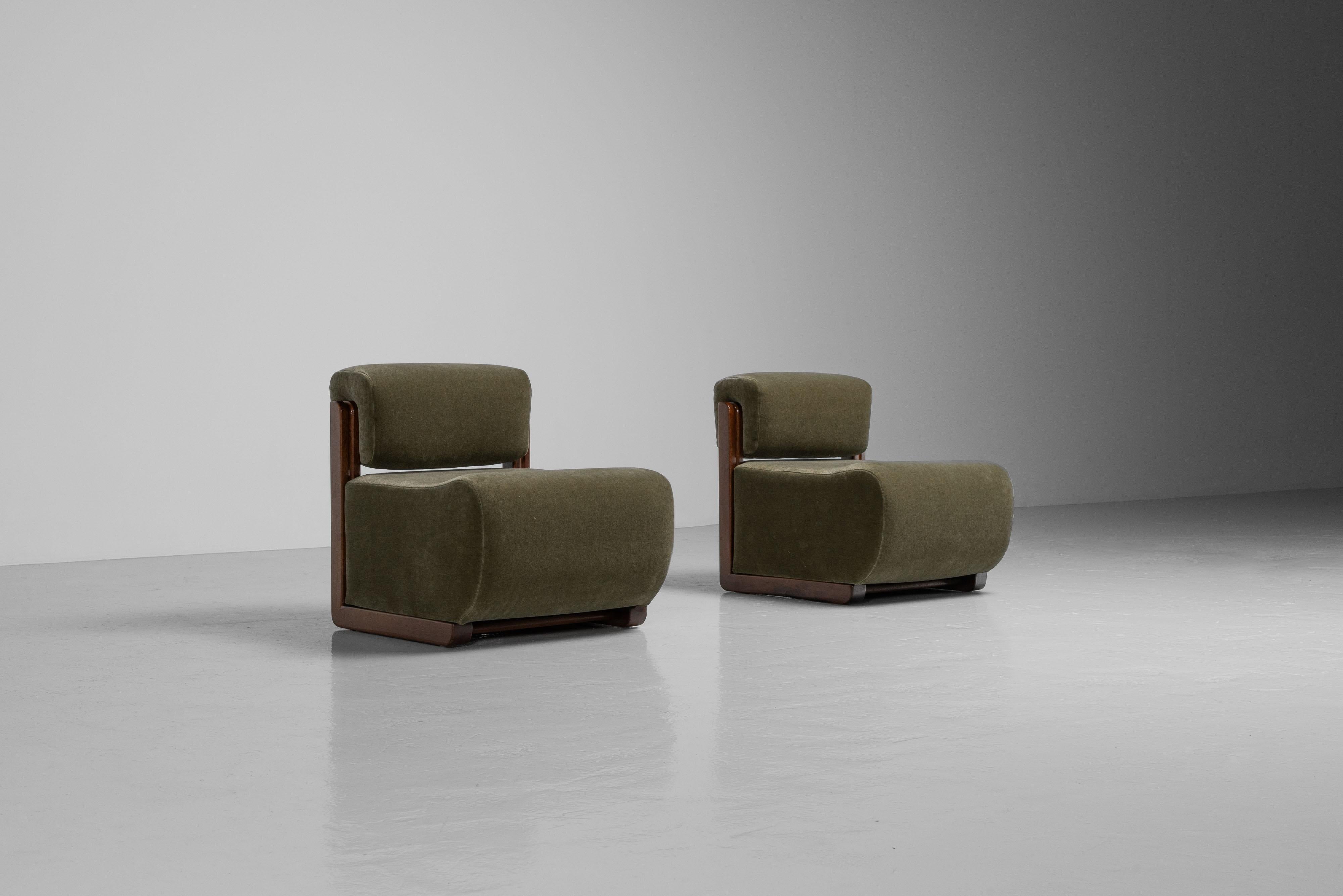 Mid-Century Modern Club chairs in walnut and mohair Italy 1950 For Sale