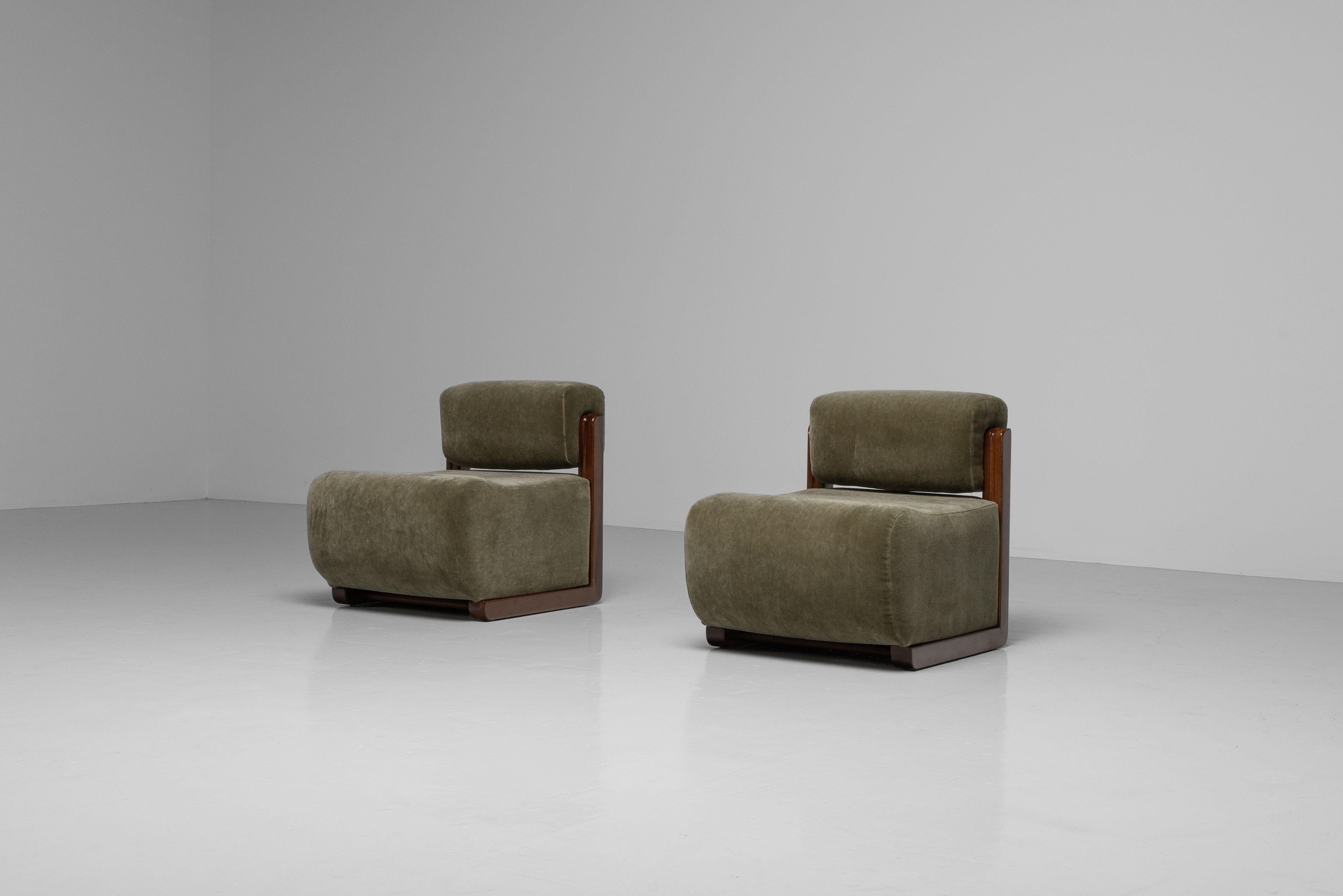 Mohair Club chairs in walnut and mohair Italy 1950 For Sale