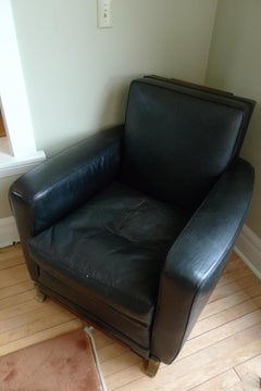 Club Lounge Chair, 1960s France, Black Leather. Manner of Emile-Jacques Ruhlmann