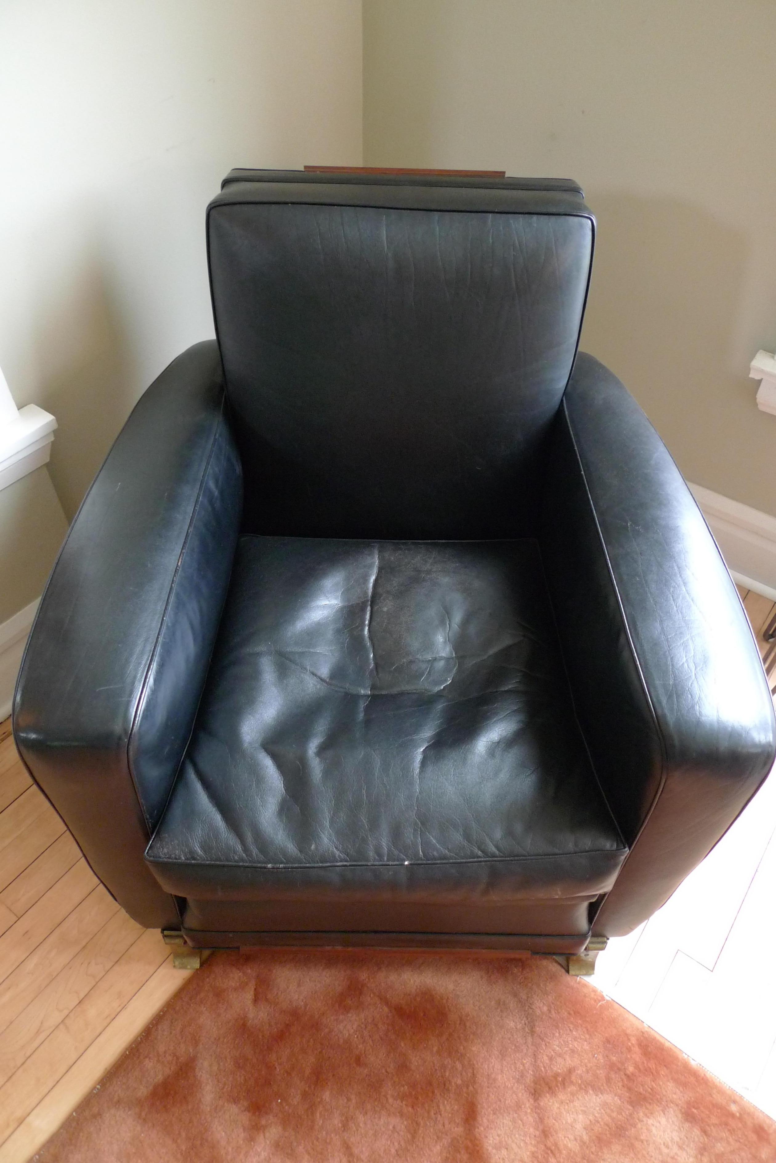 Mid-Century Modern Club Lounge Chair, 1960s France, Black Leather. Manner of Emile-Jacques Ruhlmann