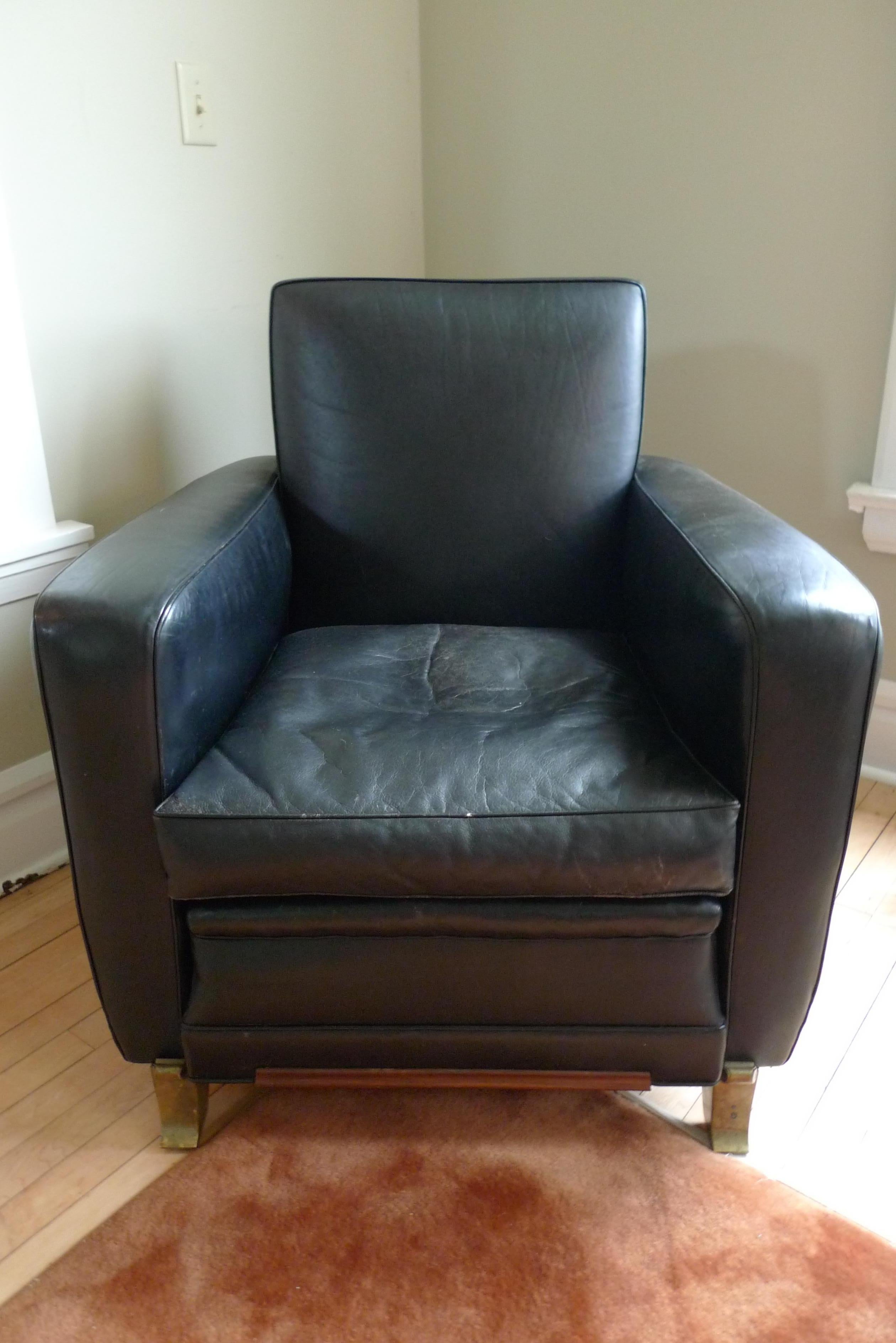 Club Lounge Chair, 1960s France, Black Leather. Manner of Emile-Jacques Ruhlmann In Good Condition In Madison, WI