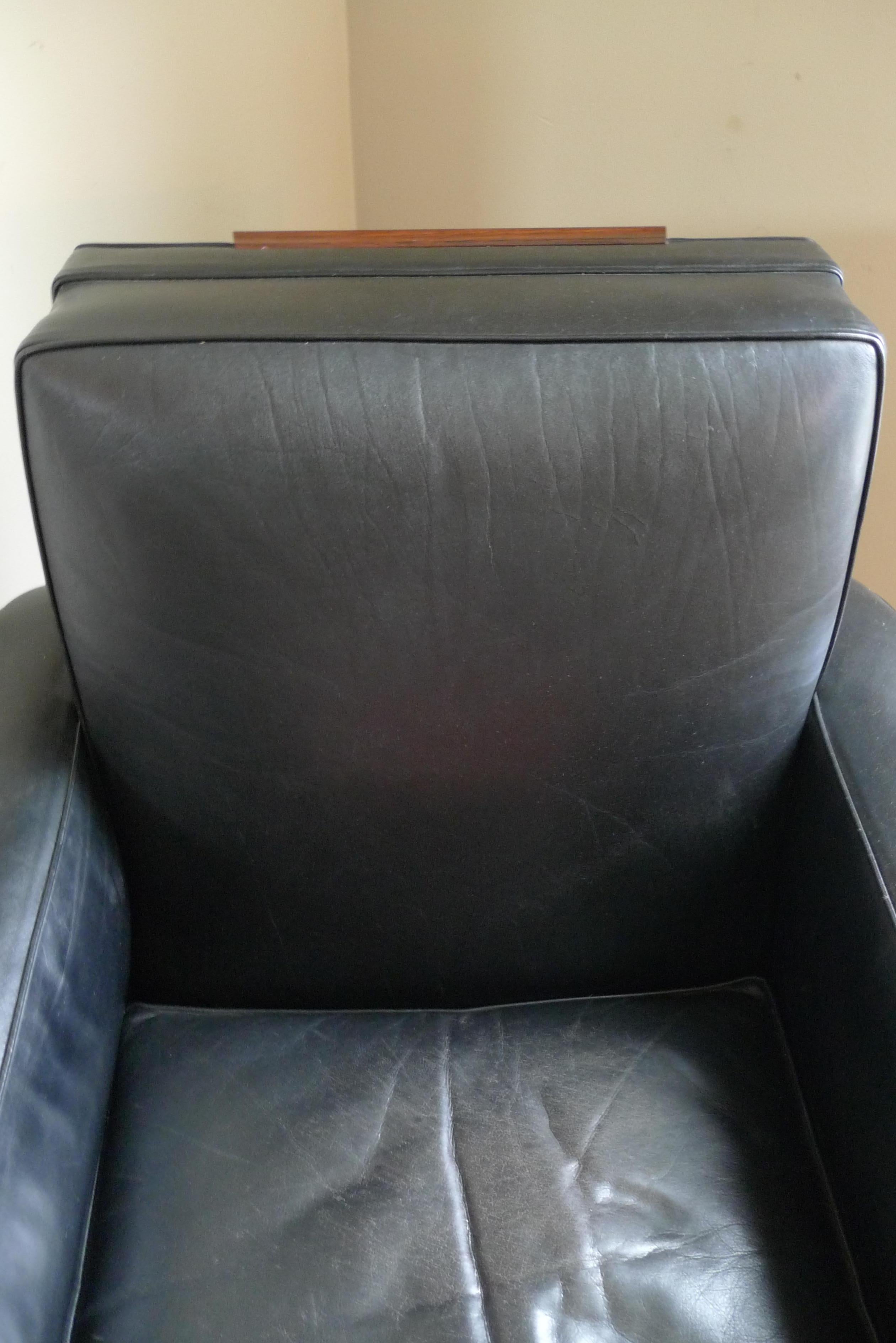 Club Lounge Chair, 1960s France, Black Leather. Manner of Emile-Jacques Ruhlmann 1