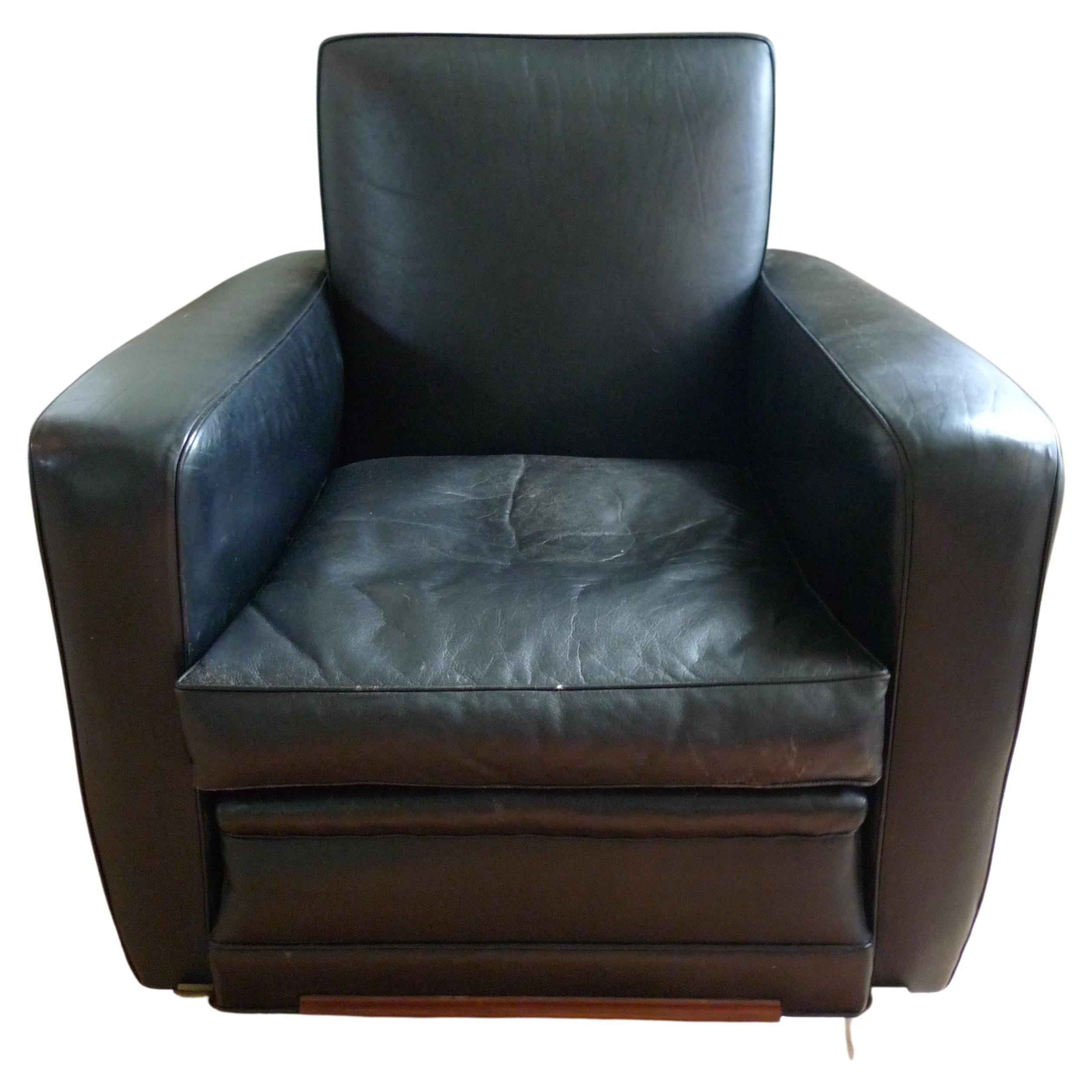 Club Lounge Chair, 1960s France, Black Leather. Manner of Emile-Jacques Ruhlmann
