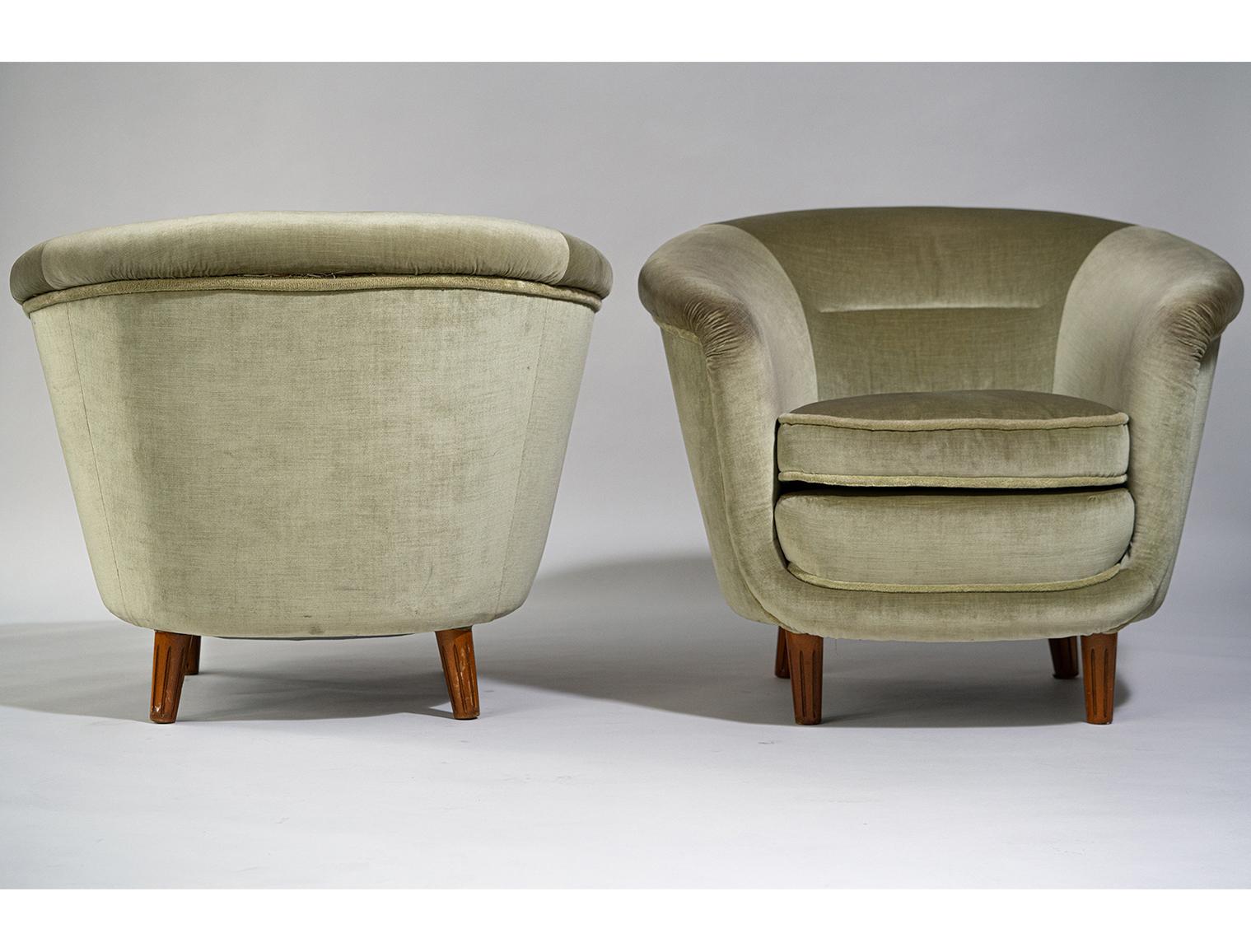 Tailored for a Lord. 
A Pair of Scandinavian or European club lounges from 1930/40s. Purchased in Sweden, possibly from a giant mansion, consider the unconventional large size. The original sage green mohair is in good condition, with some wear and