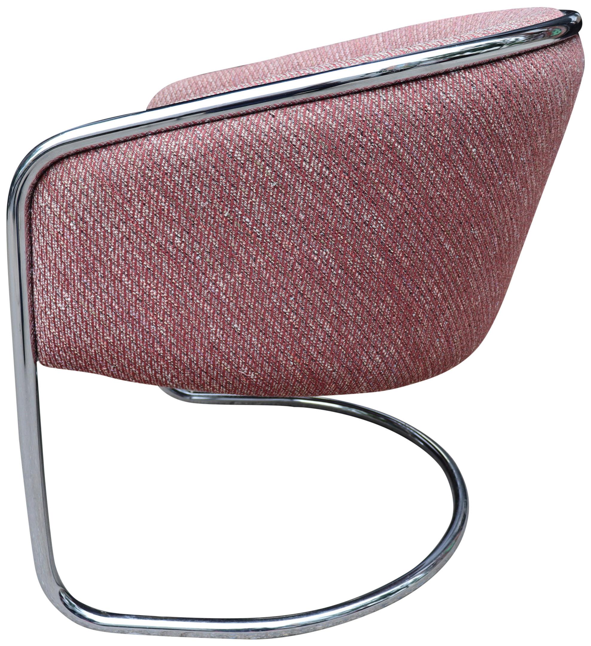 For your consideration is very comfortable lounge chair in a light red/ pink tweed wool fabric. Featuring an oversized cantilevered chrome frame that holds this amazing fabric. Incredibly formable and ready for use. A nice 80's take on the BRNO
