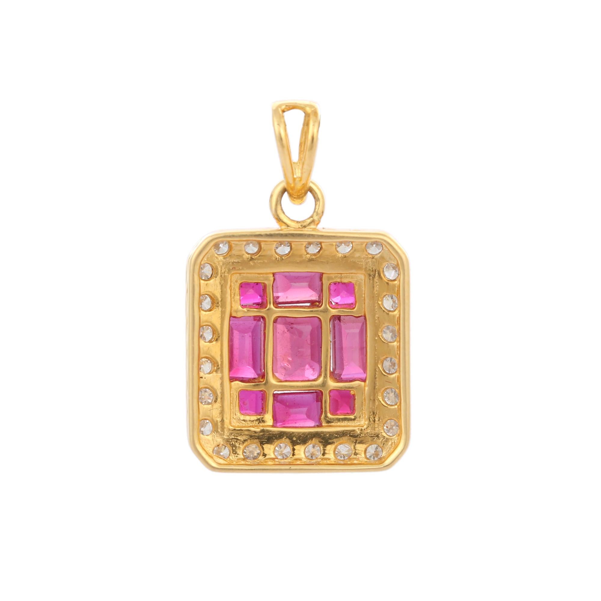 Modernist Cluster 2.71 Ct Ruby and Diamond Halo Pendant Necklace in 18K Solid Yellow Gold For Sale
