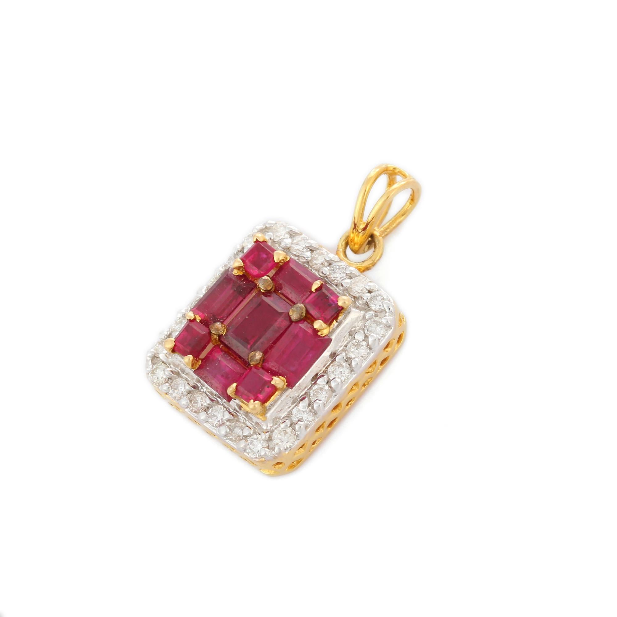 Mixed Cut Cluster 2.71 Ct Ruby and Diamond Halo Pendant Necklace in 18K Solid Yellow Gold For Sale