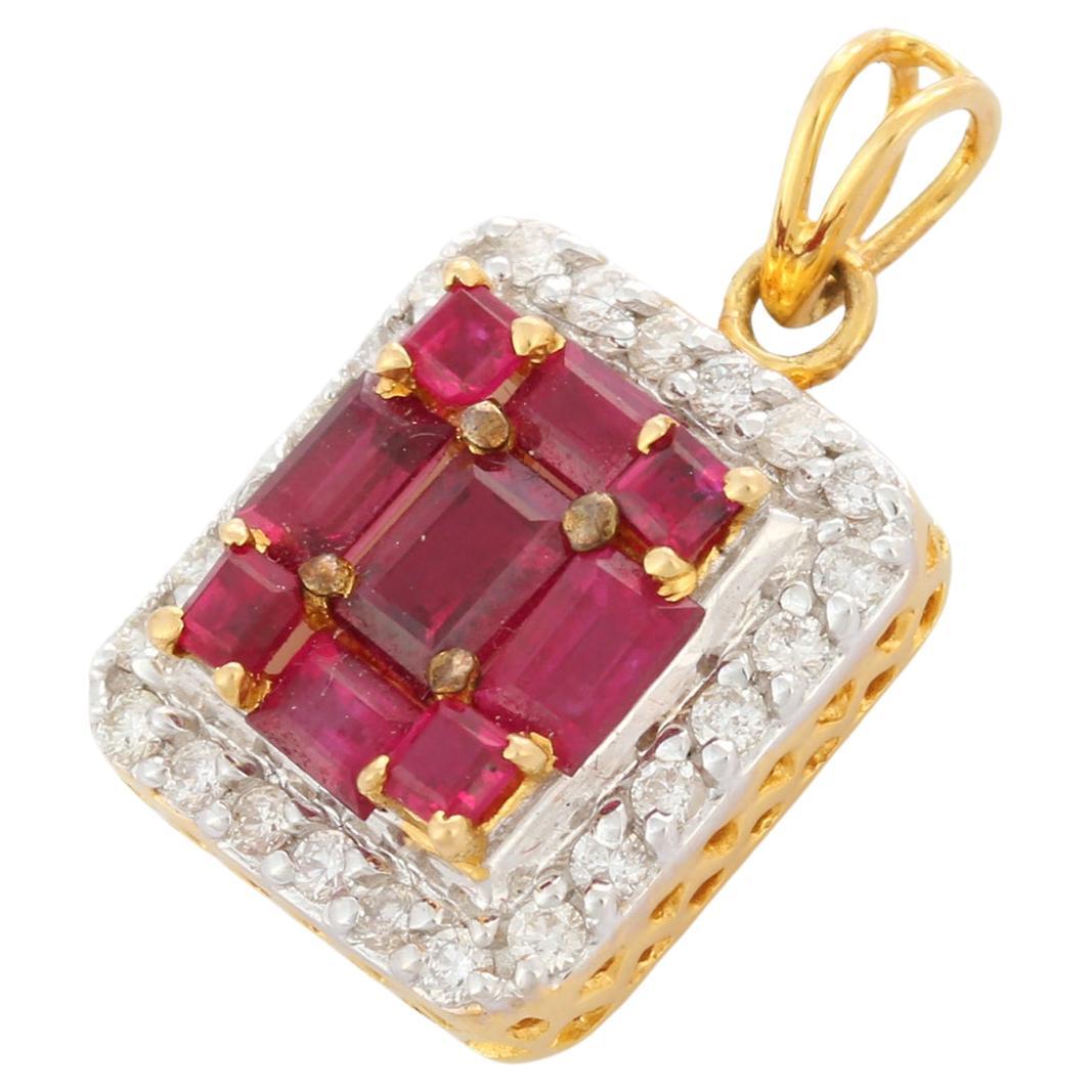 Cluster 2.71 Ct Ruby and Diamond Halo Pendant Necklace in 18K Solid Yellow Gold