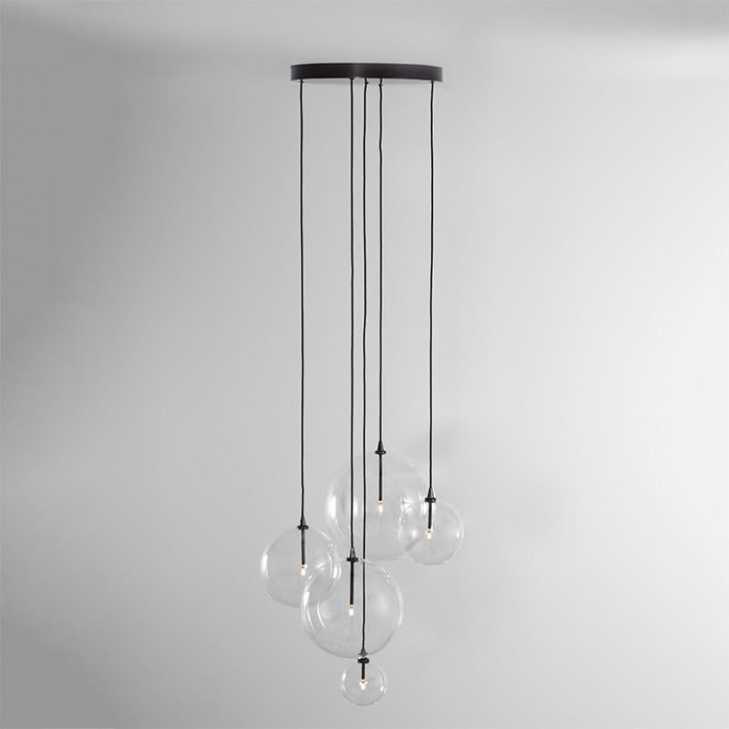 Black gunmetal contemporary chandelier by Schwung
Dimensions: D 61.9 x W 71.9 x H 315 cm 
Base: diameter 45 cm 
Materials: solid brass, hand-blown glass globes
Finish: black gunmetal. 
Available in finishes: natural brass or polished nickel.