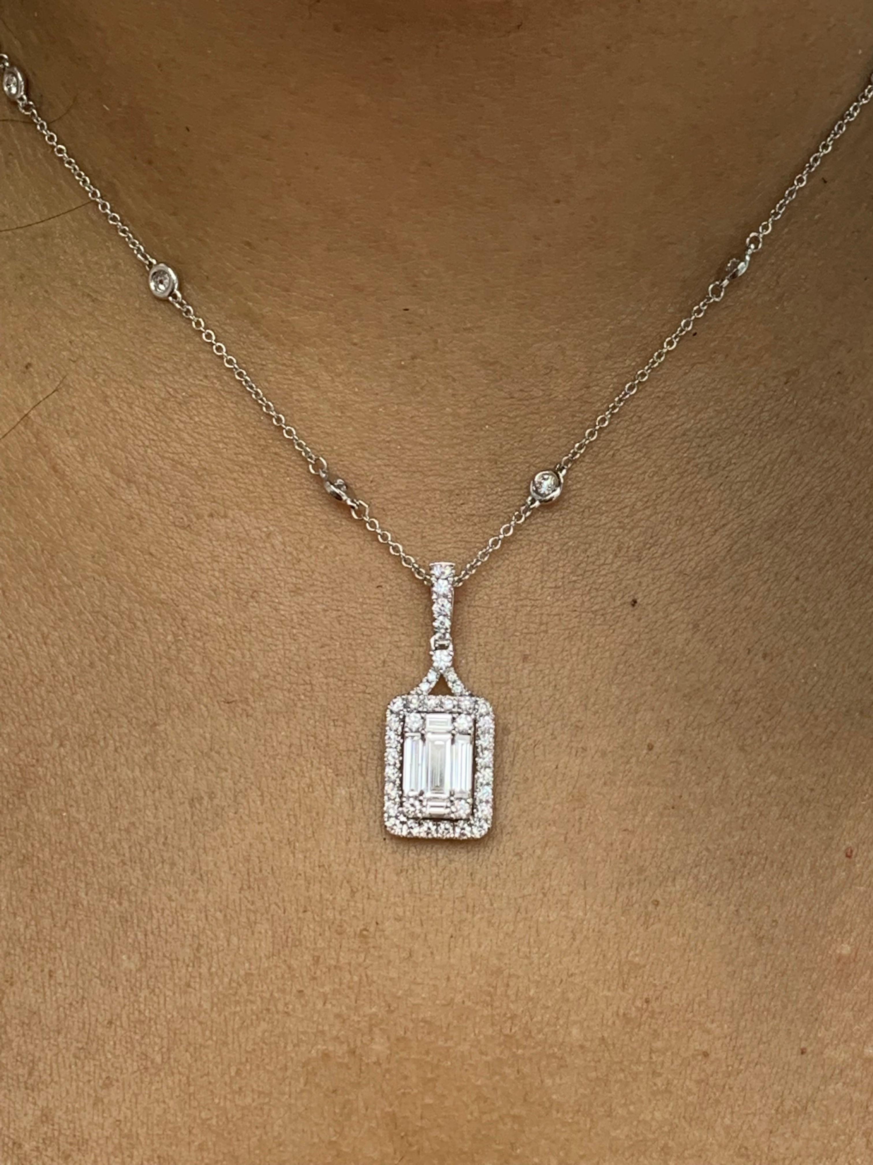 Modern Cluster Baguette and Round Diamond Halo Pendant Necklace in 18K White Gold