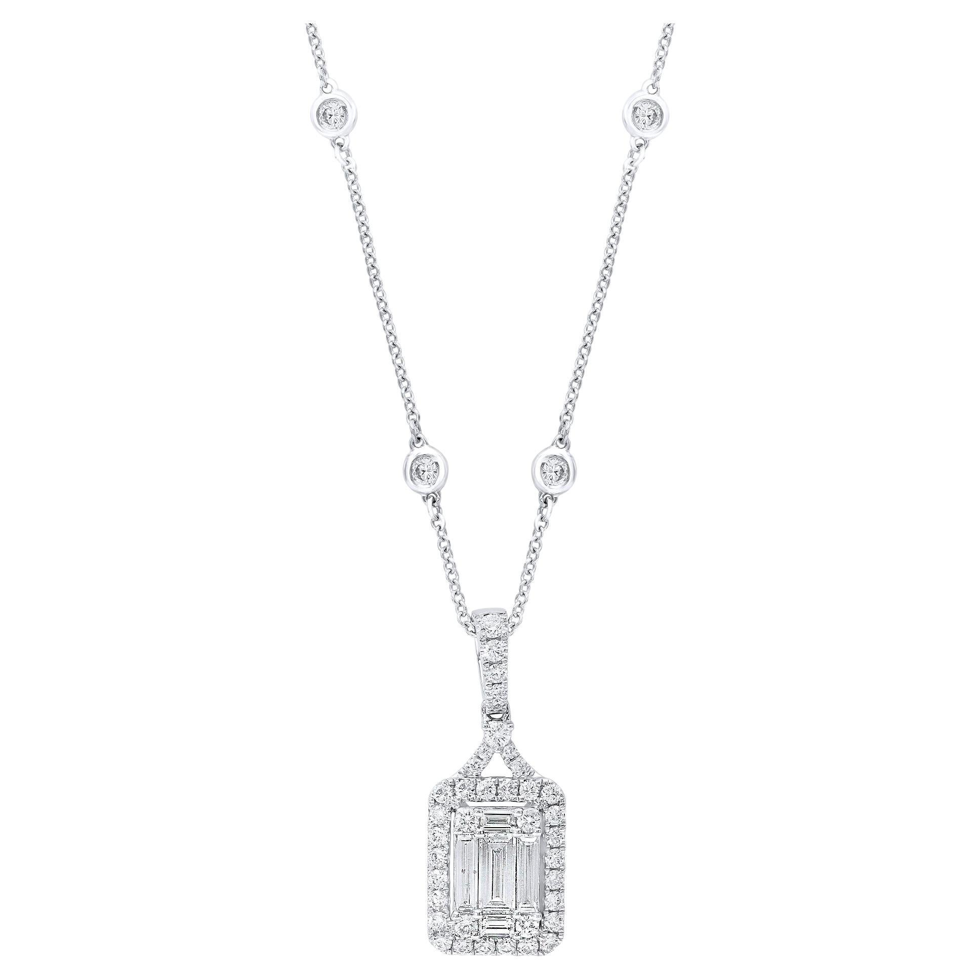 Cluster Baguette and Round Diamond Halo Pendant Necklace in 18K White Gold