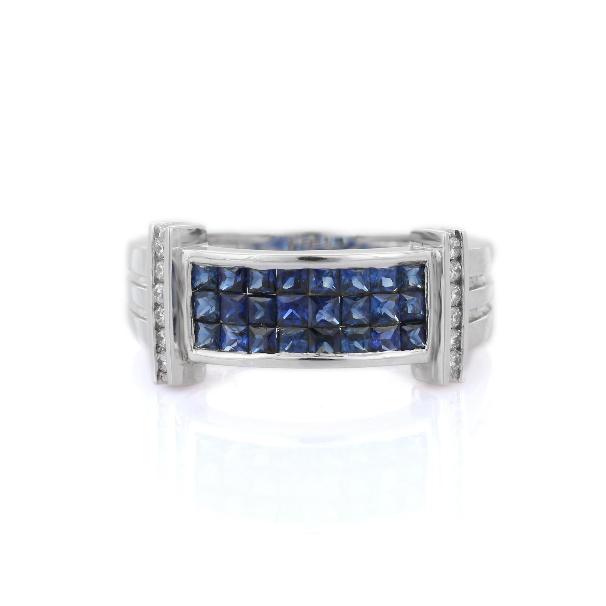 For Sale:  Cluster Blue Sapphire and Diamond Band Ring in 18K Solid White Gold 2
