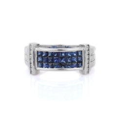 Cluster Blue Sapphire and Diamond Band Ring in 18K Solid White Gold
