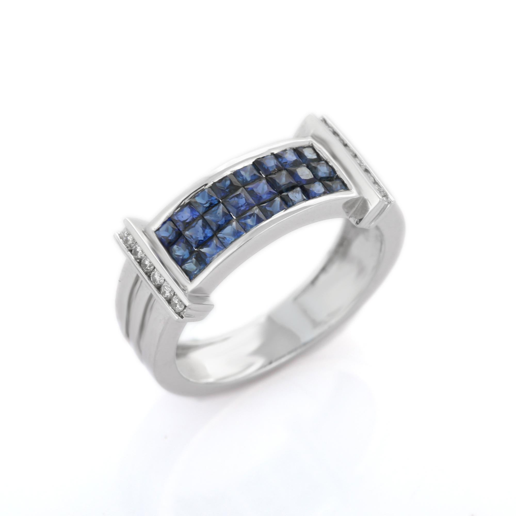 For Sale:  Cluster Blue Sapphire and Diamond Unisex Band Ring in 18K Solid White Gold 5