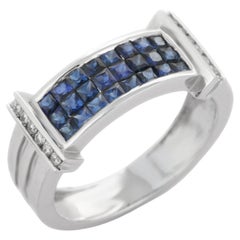 Cluster Blue Sapphire and Diamond Unisex Band Ring in 18K Solid White Gold