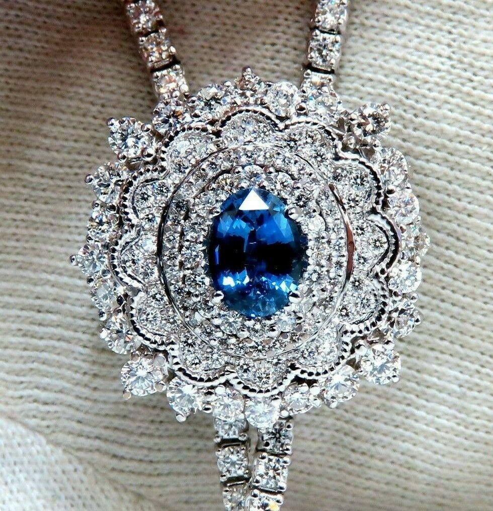 Oval Cut Cluster Bolo Necklace Natural Sapphire Diamonds 18kt Gold GIA Certified 17.30ct For Sale