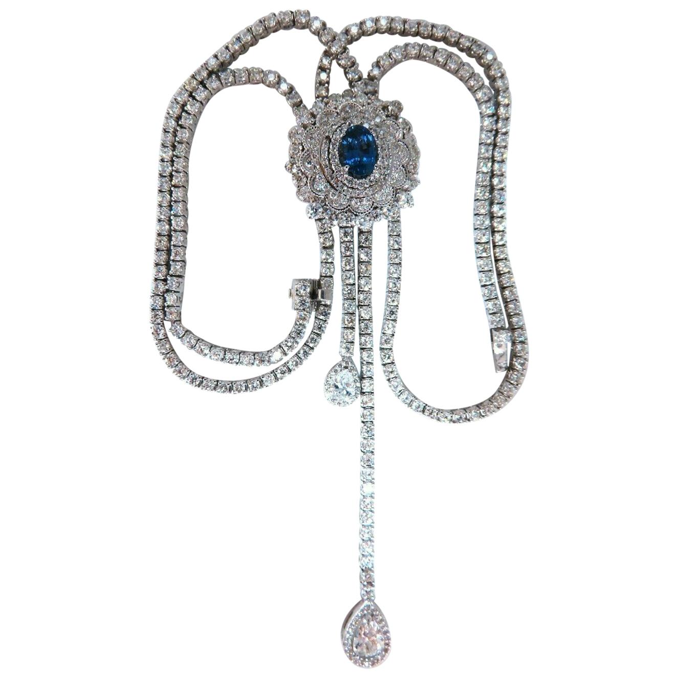 Cluster Bolo Necklace Natural Sapphire Diamonds 18kt Gold GIA Certified 17.30ct For Sale