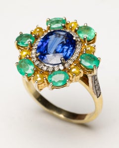 Cluster Cocktail Ring with 3 Carat Kyanite Center & Emeralds and Yellow Diamonds