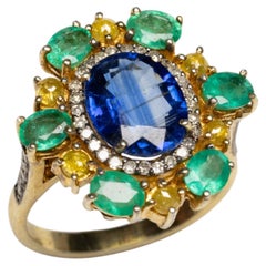 Cluster Cocktail Ring with 3 Carat Kyanite Center & Emeralds and Yellow Diamonds