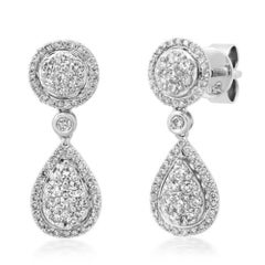 Cluster Diamond 14K White Gold Teardrop Dangle Earrings