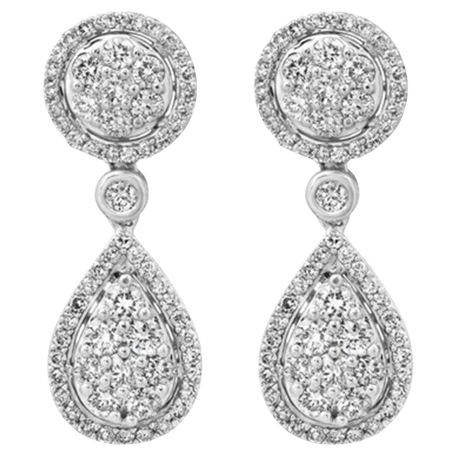 Cluster Diamond 14K (or 18k upon request) White Gold Teardrop Dangle Earrings For Sale