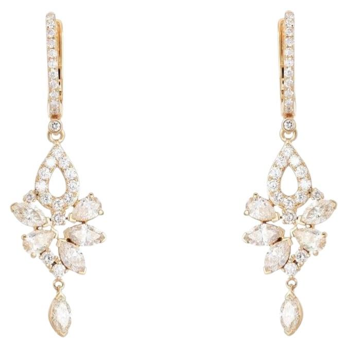 Cluster Diamond 14K Yellow Gold Teardrop Dangle Earrings For Sale