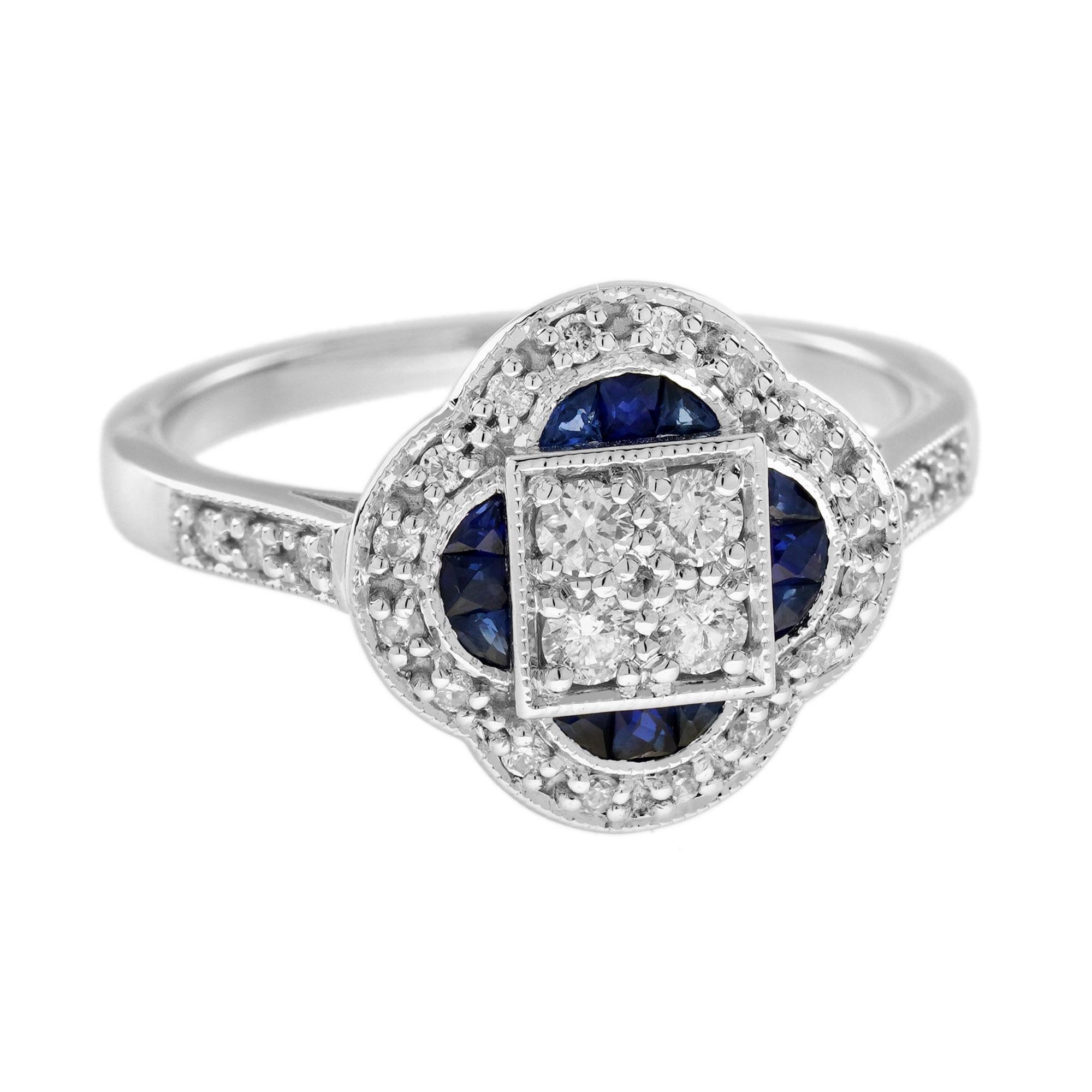 Round Cut Cluster Diamond and Blue Sapphire Floral Shape Art Deco Style Ring in 9K Gold For Sale