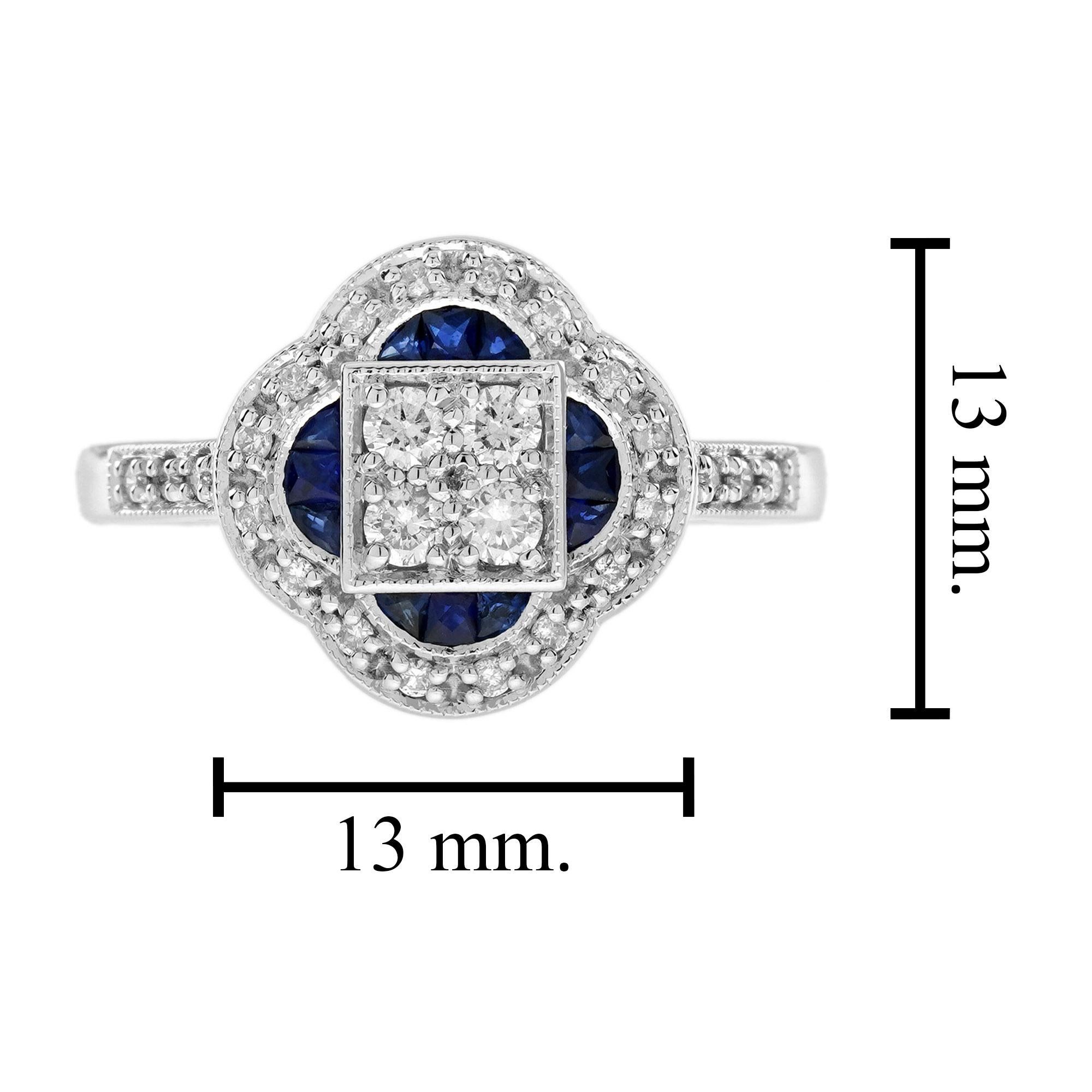 Cluster Diamond and Blue Sapphire Floral Shape Art Deco Style Ring in 9K Gold For Sale 2
