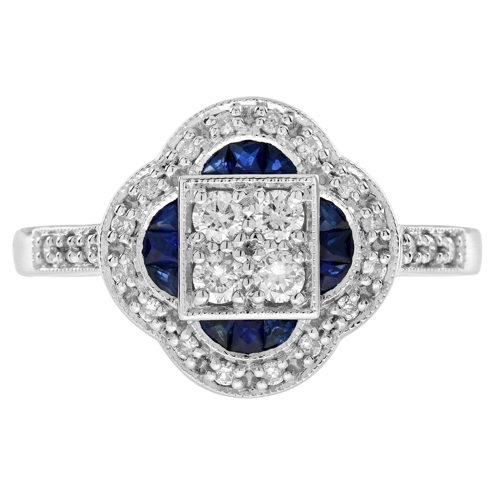 Cluster Diamond and Blue Sapphire Floral Shape Art Deco Style Ring in 9K Gold For Sale