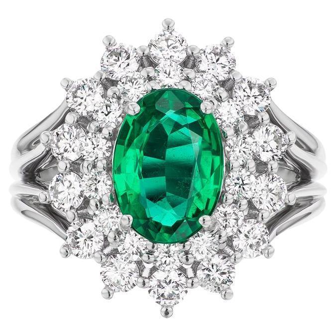 Cluster Diamond and Emerald Ring For Sale