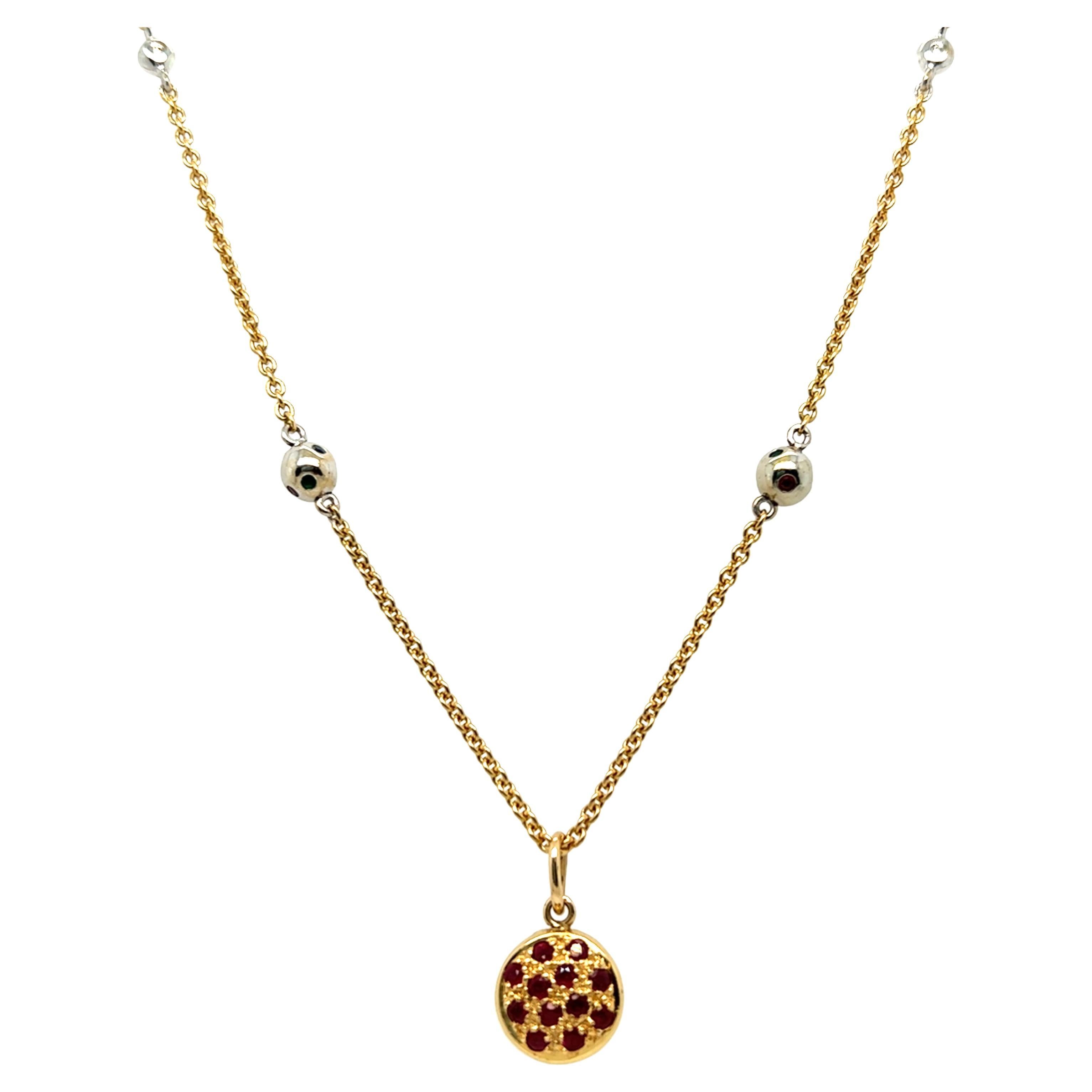 Cluster Diamond and Ruby Round Convertible Pendant Necklace 18K Yellow Gold For Sale