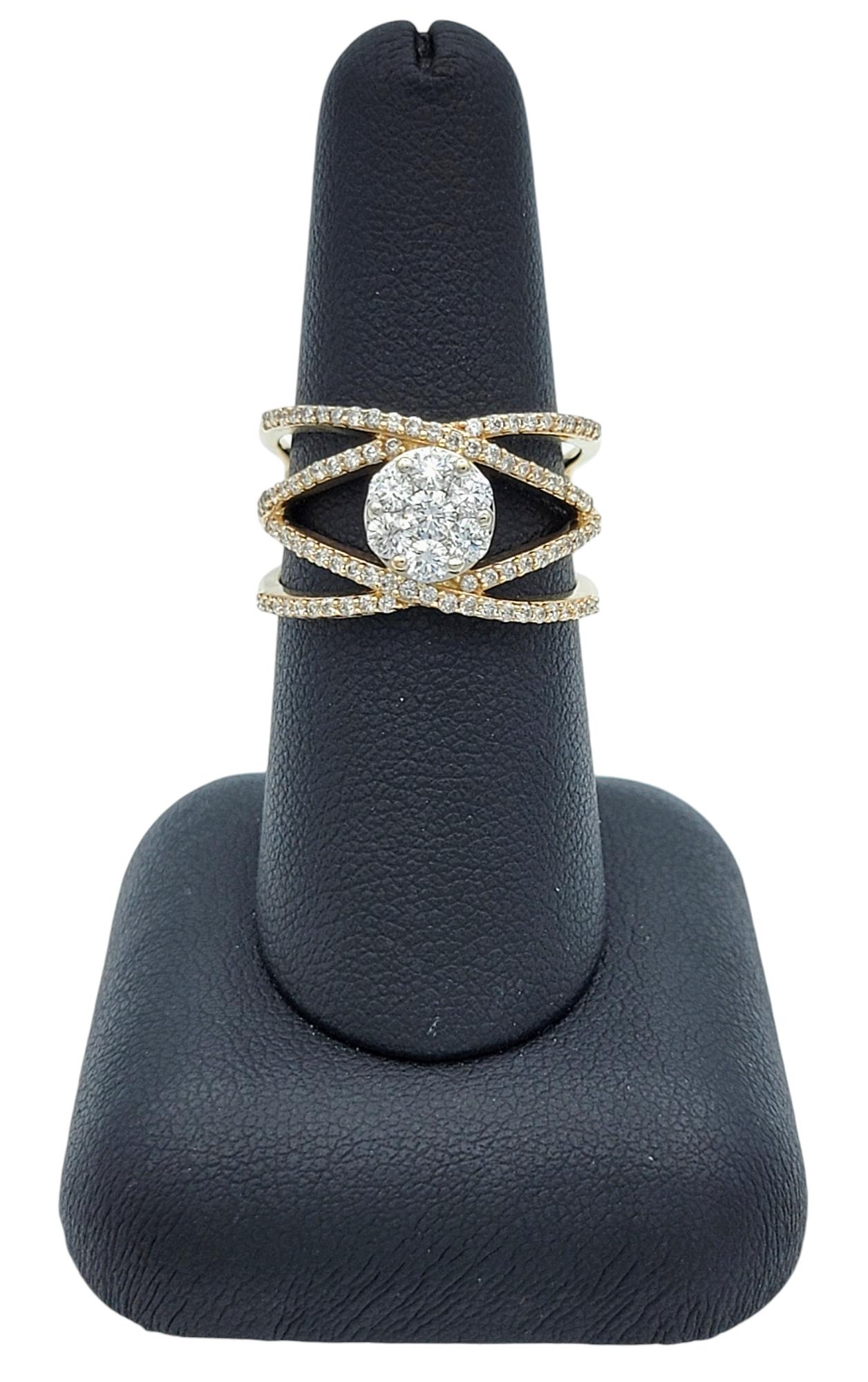 Bague en or jaune 14 carats à diamants croisés et pavés multiples en vente 4